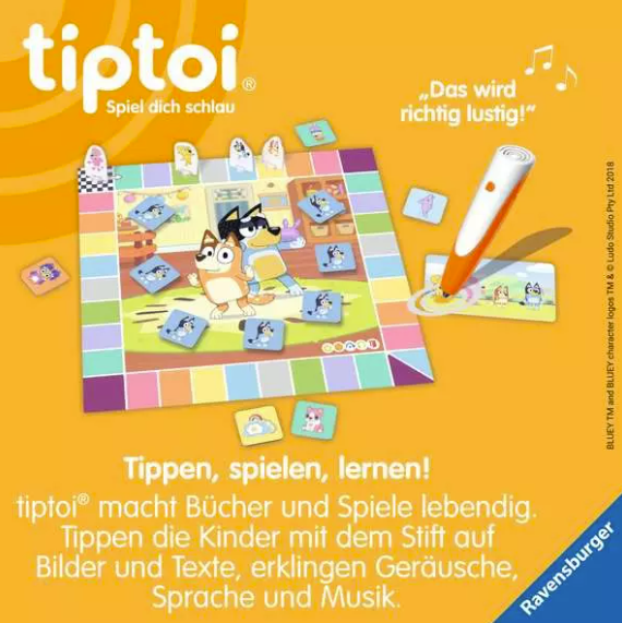 Ein gelbes Tiptoi Bluey-Brettspiel mit Figuren, Karten und einem orangen Stift auf einem orangefarbenen Hintergrund.