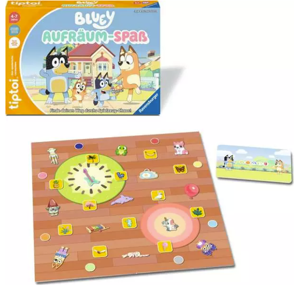 Bluey Aufräum-Spaß Brettspiel mit bunten Figuren, Spielfeld und Schachtel.