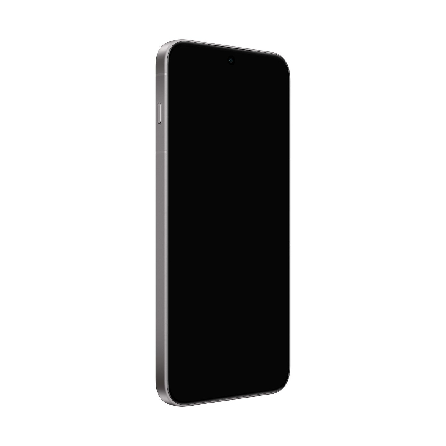 Uno smartphone argentato con schermo nero è mostrato su sfondo bianco.