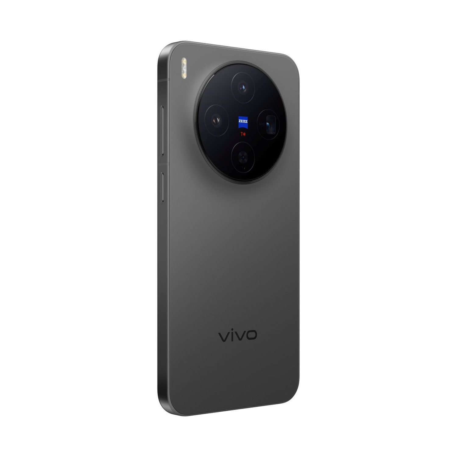 Retro di uno smartphone vivo grigio con un grande modulo fotocamera circolare e logo Zeiss.