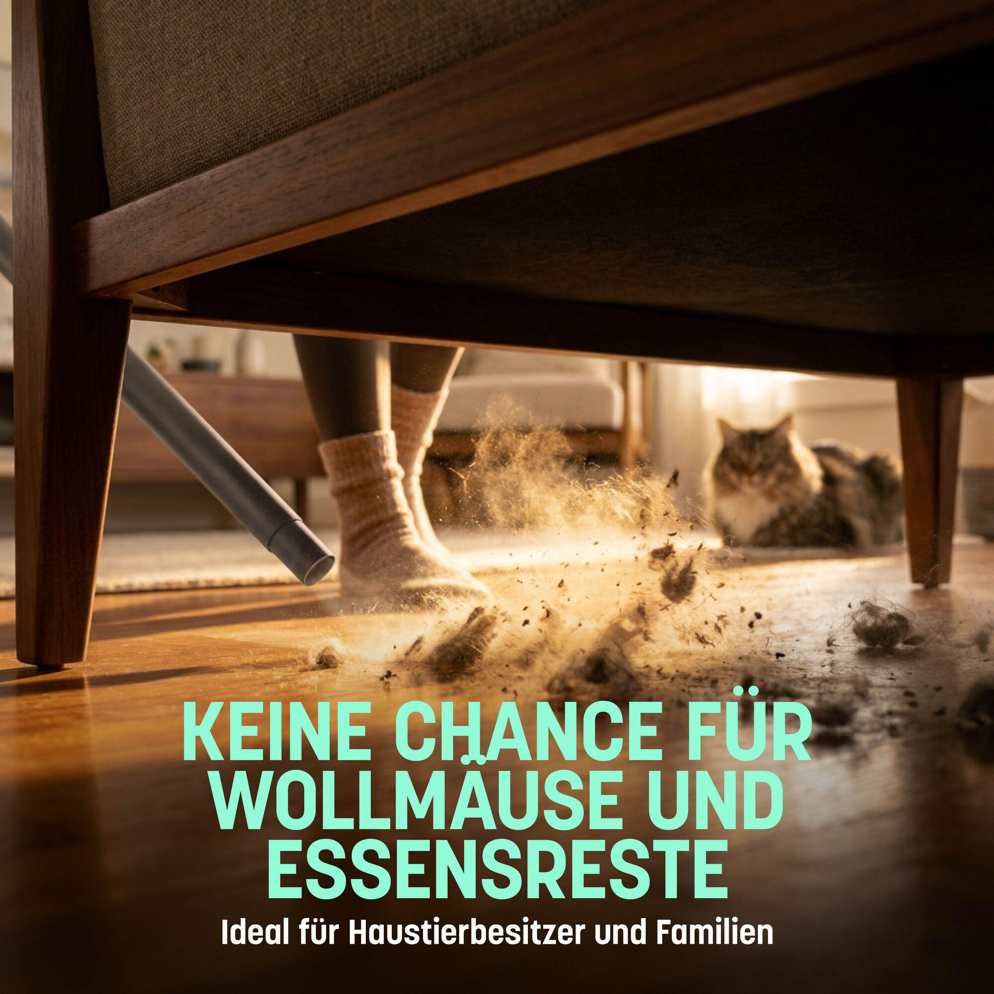 Ein Staubsauger saugt Staub und Schmutz unter einem Sofa, während eine Katze zusieht.