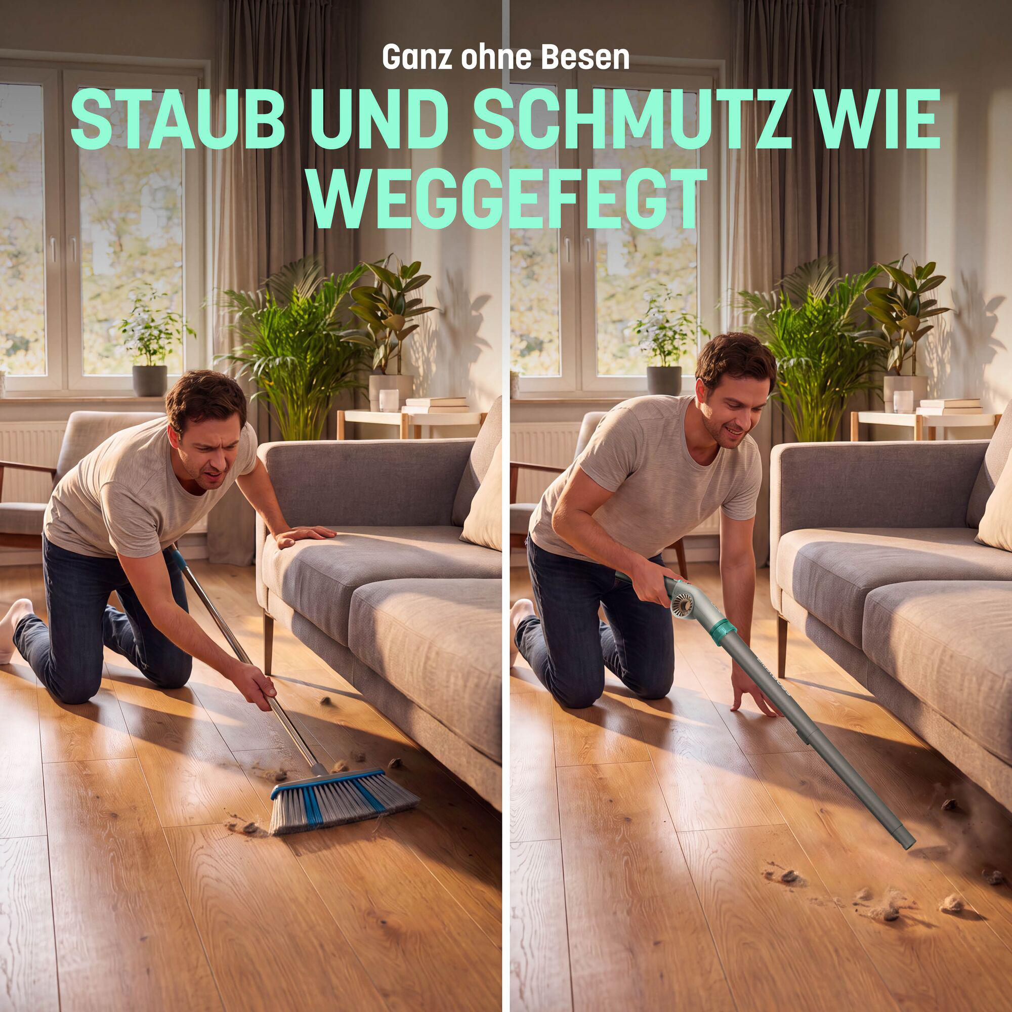 Vergleich eines Mannes beim Kehren mit Besen und beim effizienten Staubsaugen mit einem Handstaubsauger.