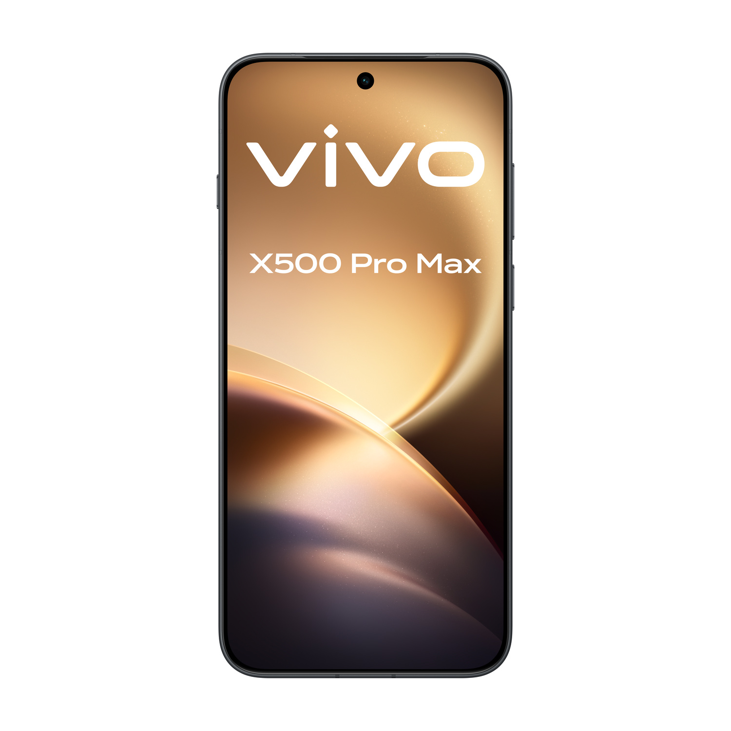 Vista frontale di uno smartphone Vivo X500 Pro Max con sfondo dorato sullo schermo.