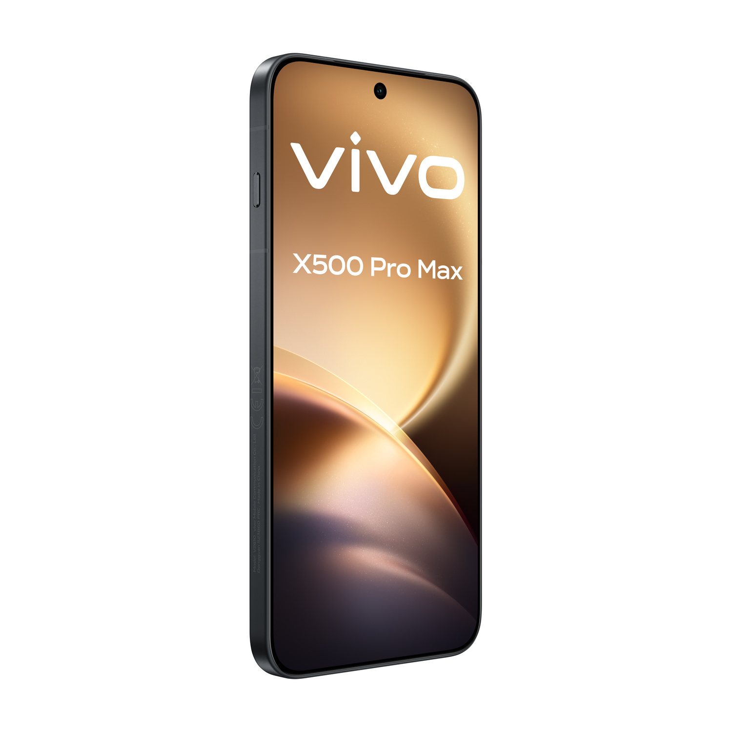 Uno smartphone nero Vivo X500 Pro Max con sfondo dorato.