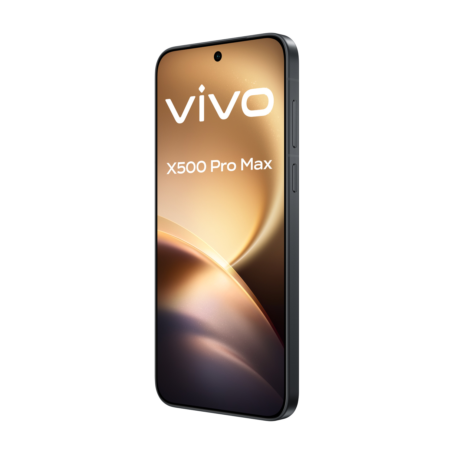 Uno smartphone nero Vivo X500 Pro Max con display dorato su sfondo bianco.