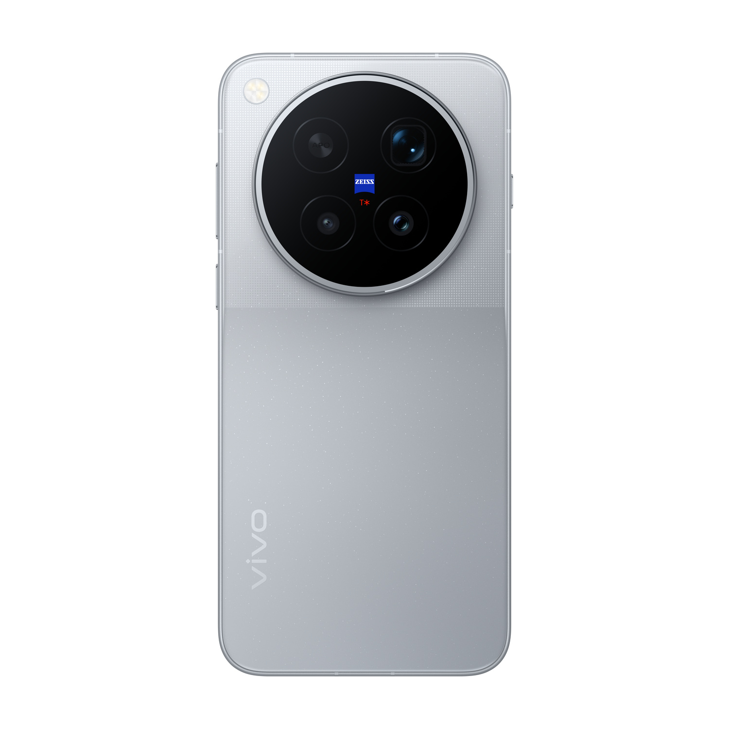 Vista posteriore di uno smartphone argentato con un grande modulo fotocamera circolare e logo Zeiss.