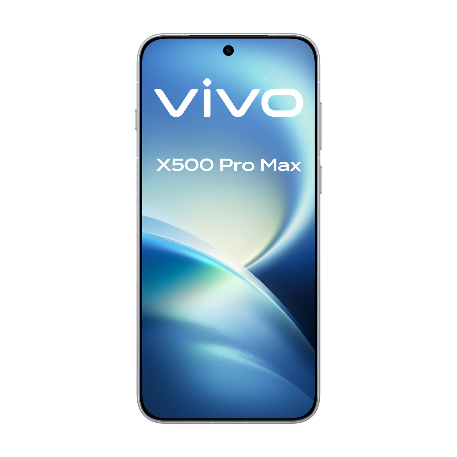 Smartphone che mostra il testo vivo X500 Pro Max sul display blu.