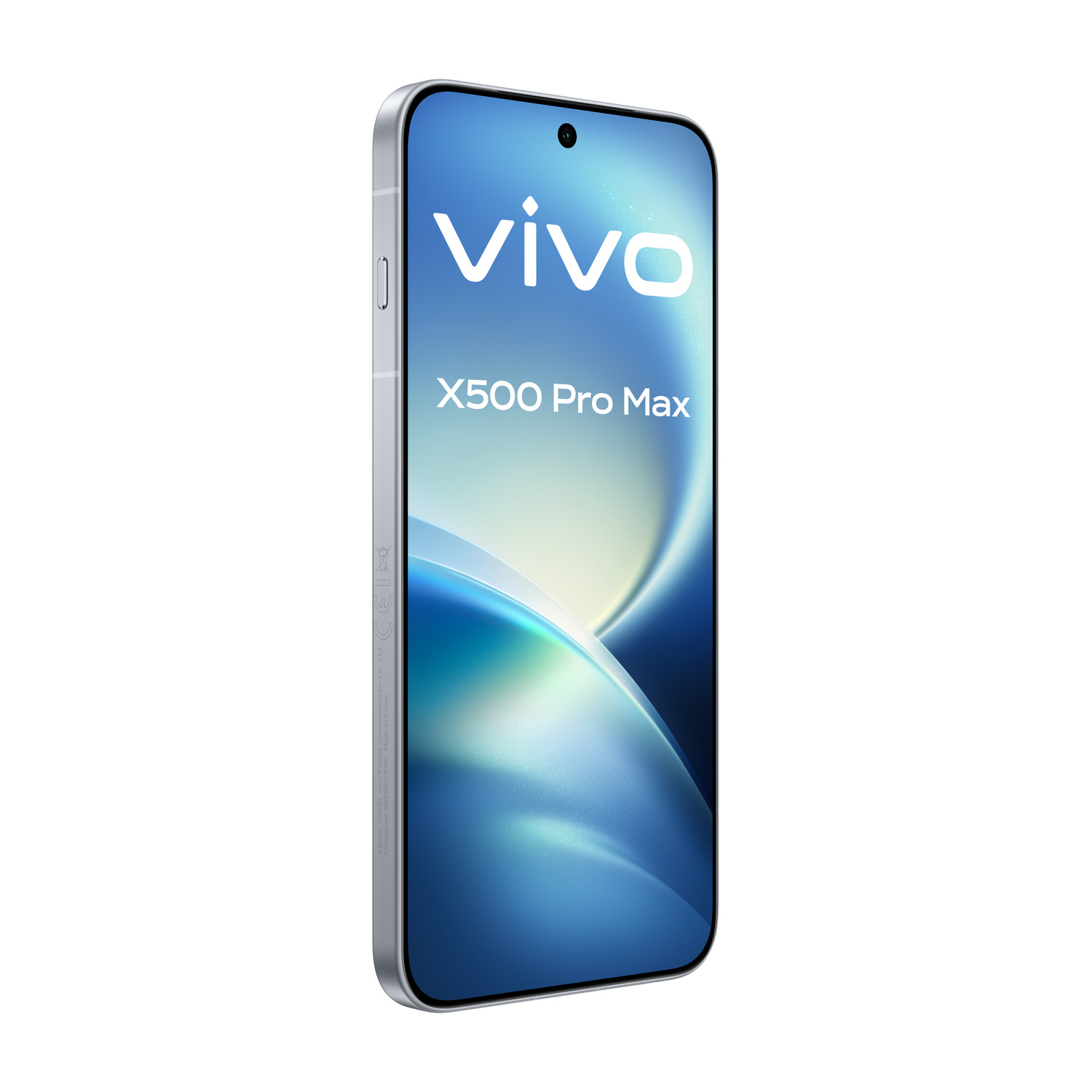 Uno smartphone argentato mostra il logo vivo X500 Pro Max e uno sfondo astratto.