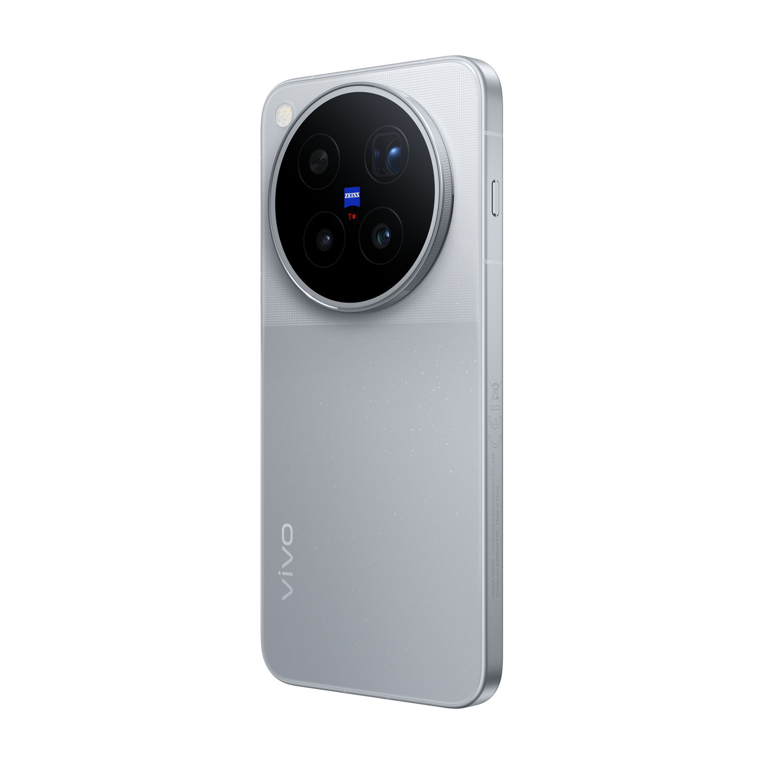 Retro di uno smartphone vivo argento con un grande modulo fotocamera rotondo in alto e logo vivo in basso.
