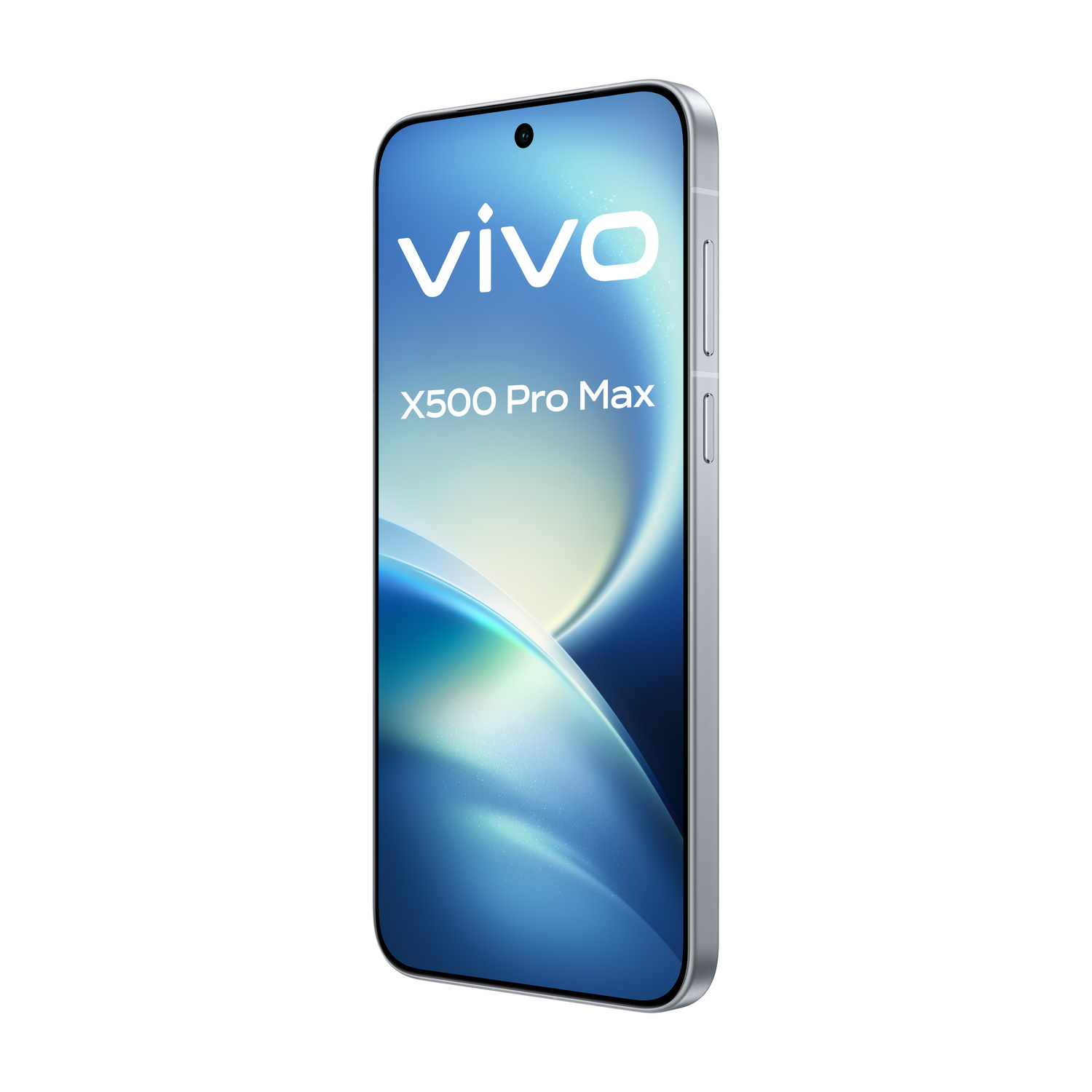 Uno smartphone argento con il logo vivo X500 Pro Max e uno sfondo astratto blu.