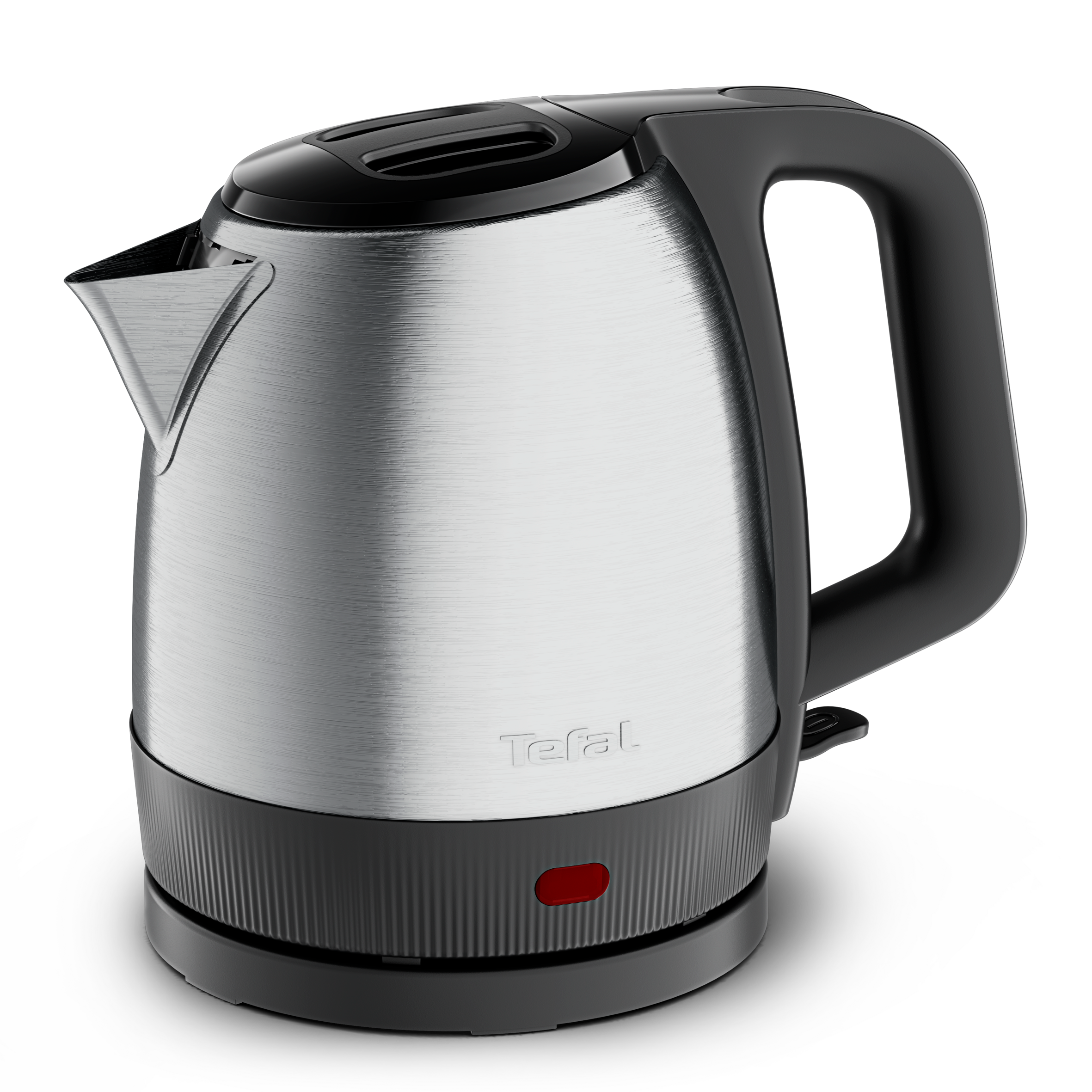 Egy ezüstszínű Tefal vízforraló fekete nyéllel és alappal, fekete háttérrel.
