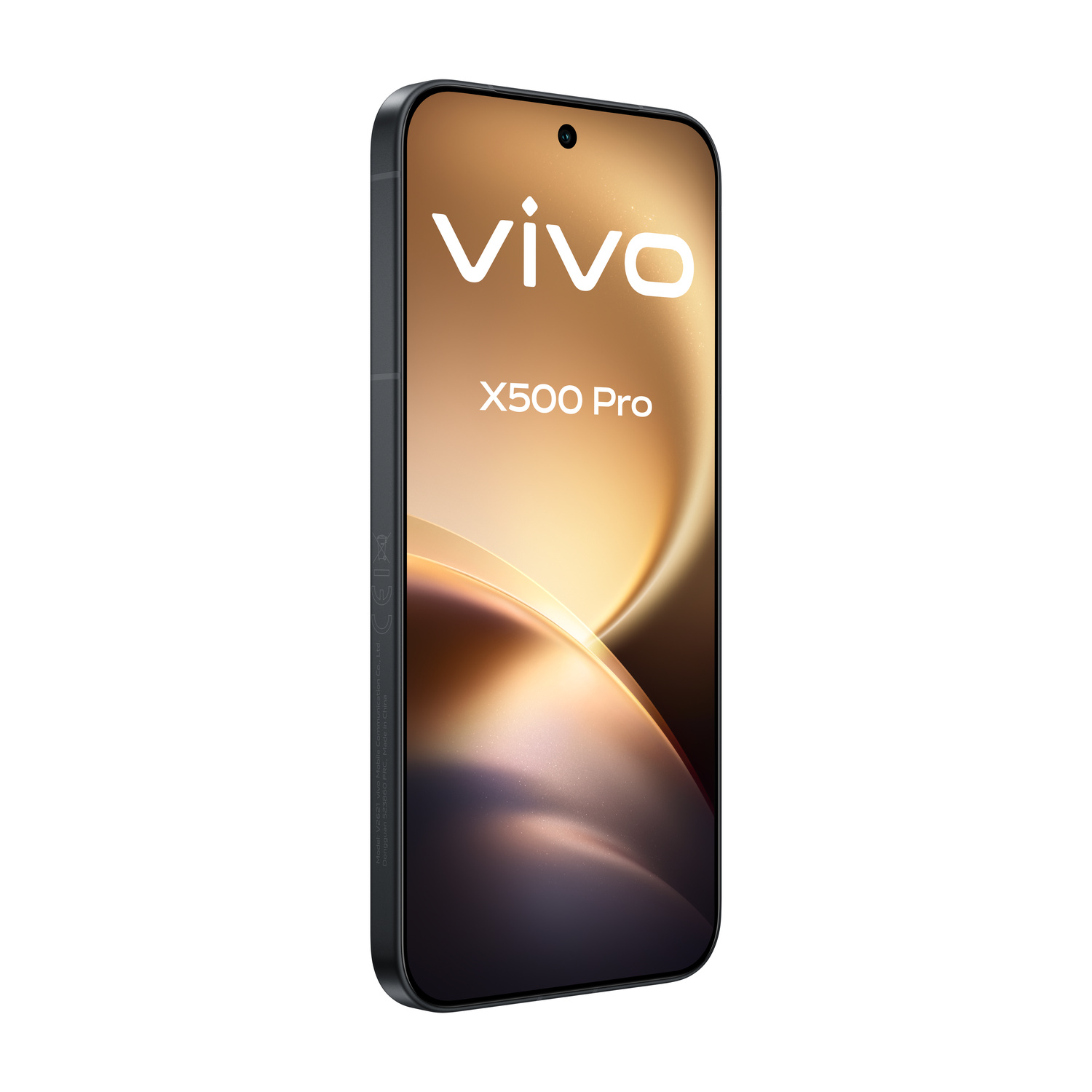 Smartphone nero Vivo X500 Pro con sfondo dello schermo dorato.