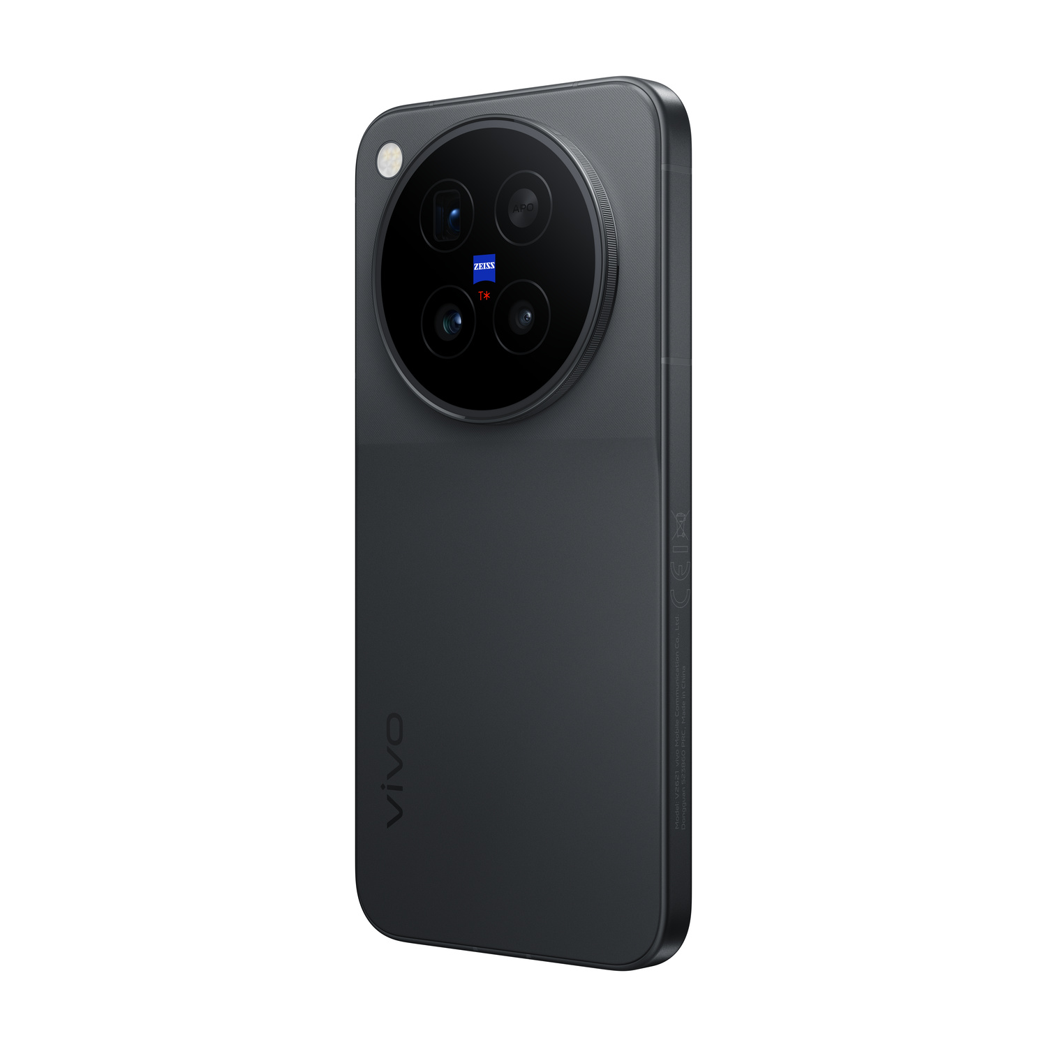 Retro di uno smartphone Vivo grigio scuro con un grande modulo fotocamera circolare e logo ZEISS.