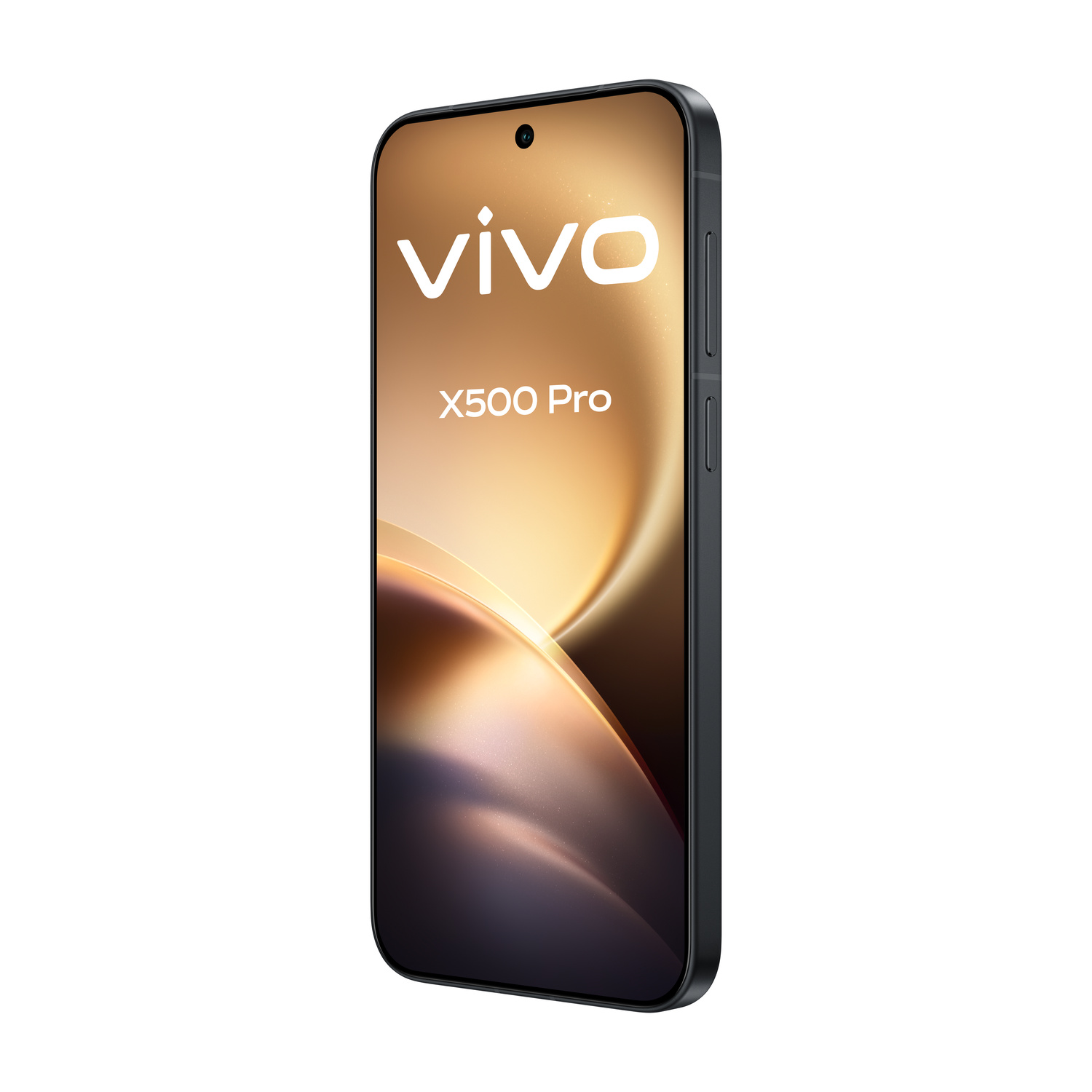 Smartphone nero Vivo X500 Pro su sfondo bianco con schermo dorato.