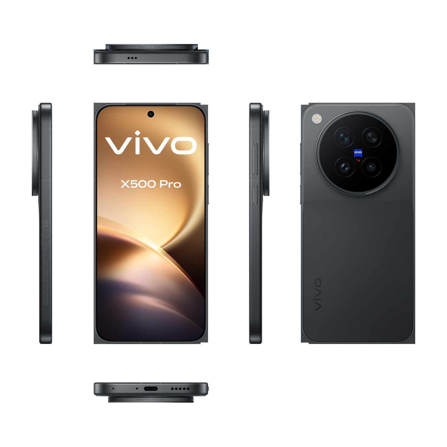 Sei viste dello smartphone nero vivo X500 Pro che mostrano fronte, retro, lati e bordi.