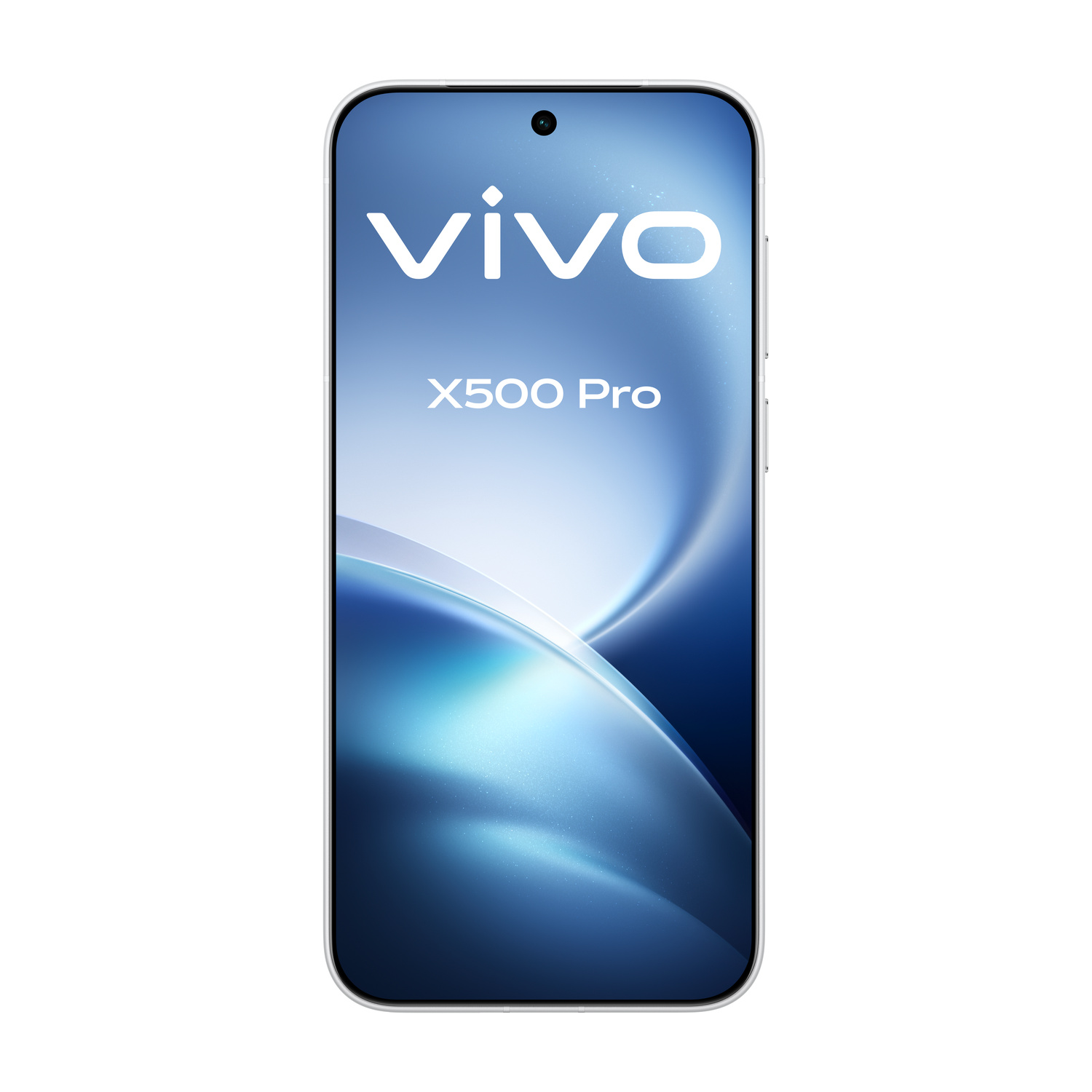 Vista frontale dello smartphone Vivo X500 Pro con display blu e logo bianco.