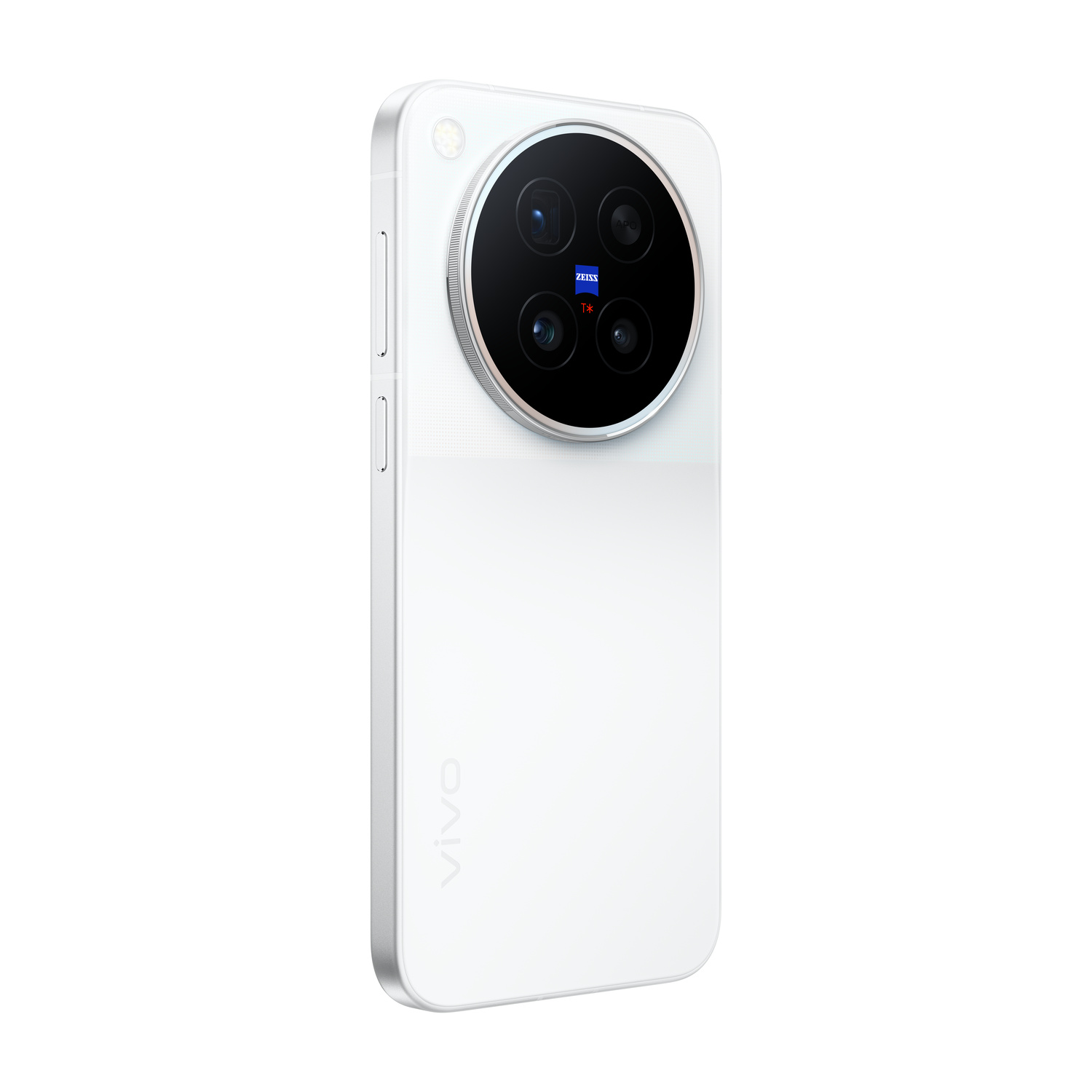 Vista posteriore di uno smartphone Vivo bianco con un grande modulo fotocamera rotondo e logo Zeiss.