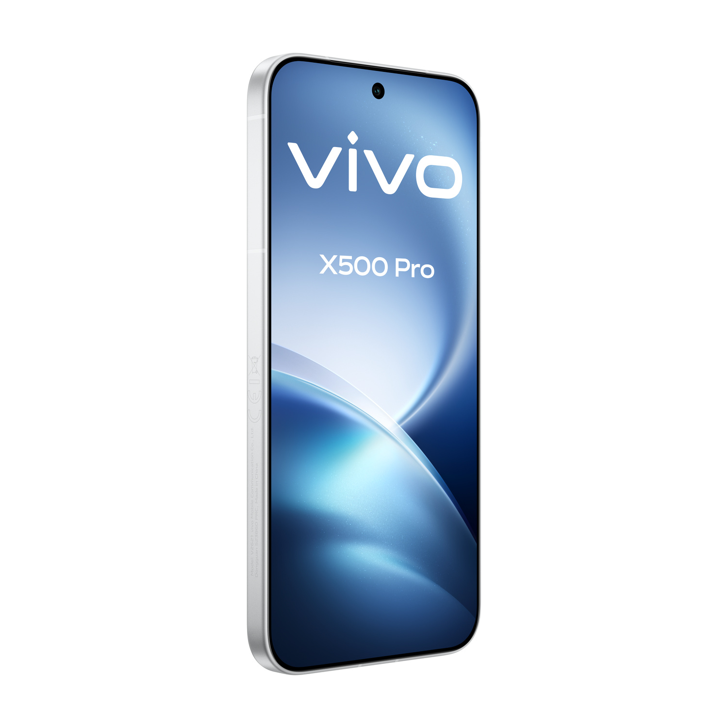 Uno smartphone bianco Vivo X500 Pro con schermo blu su sfondo bianco.