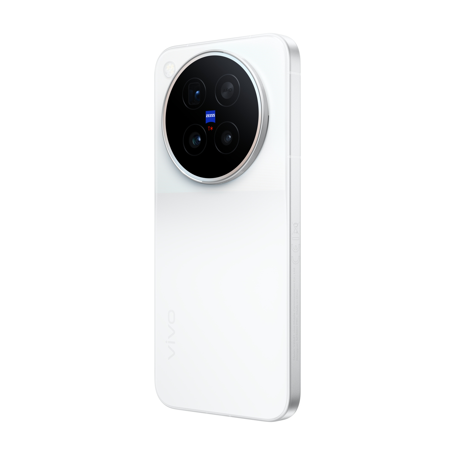 Retro di uno smartphone bianco con un grande modulo fotocamera rotondo e logo Zeiss.