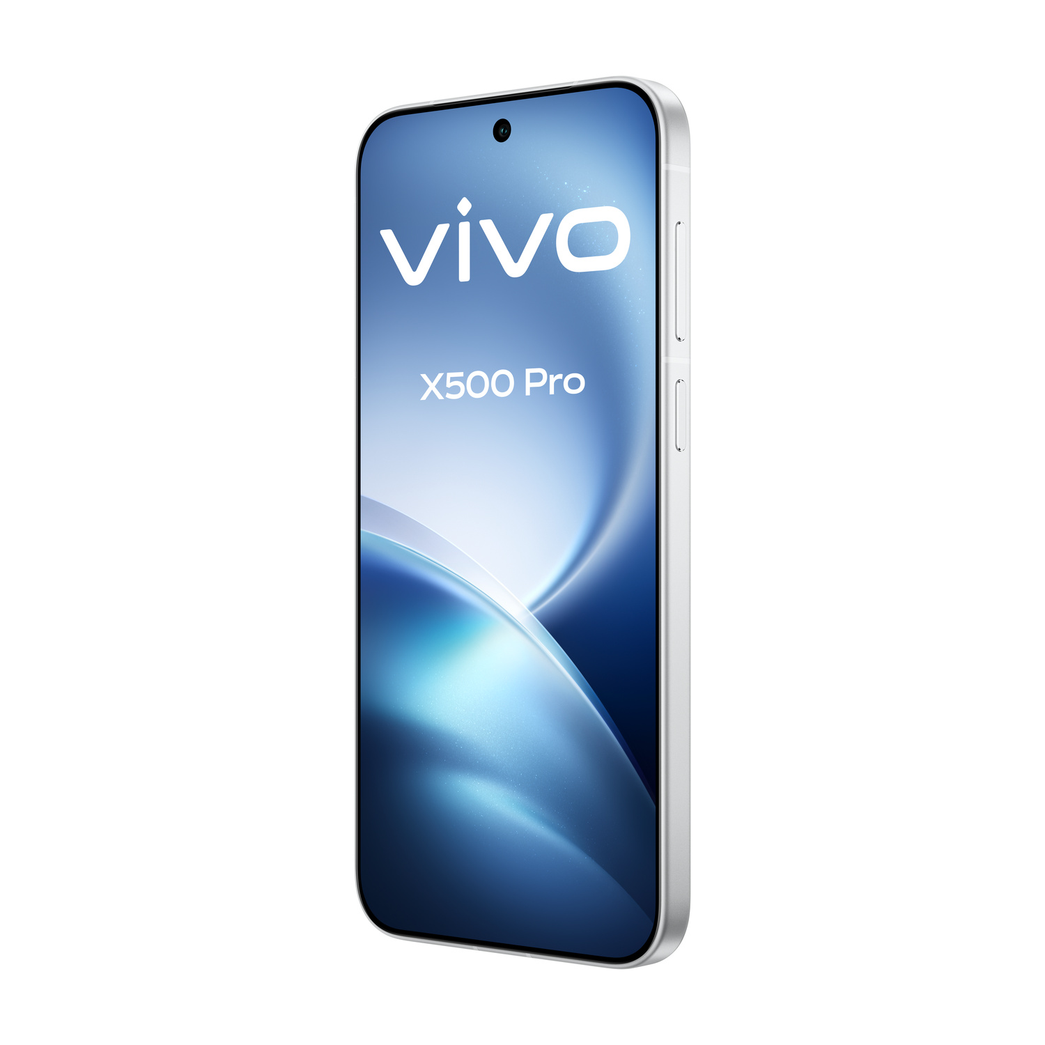 Uno smartphone bianco Vivo X500 Pro con schermo blu su sfondo bianco.
