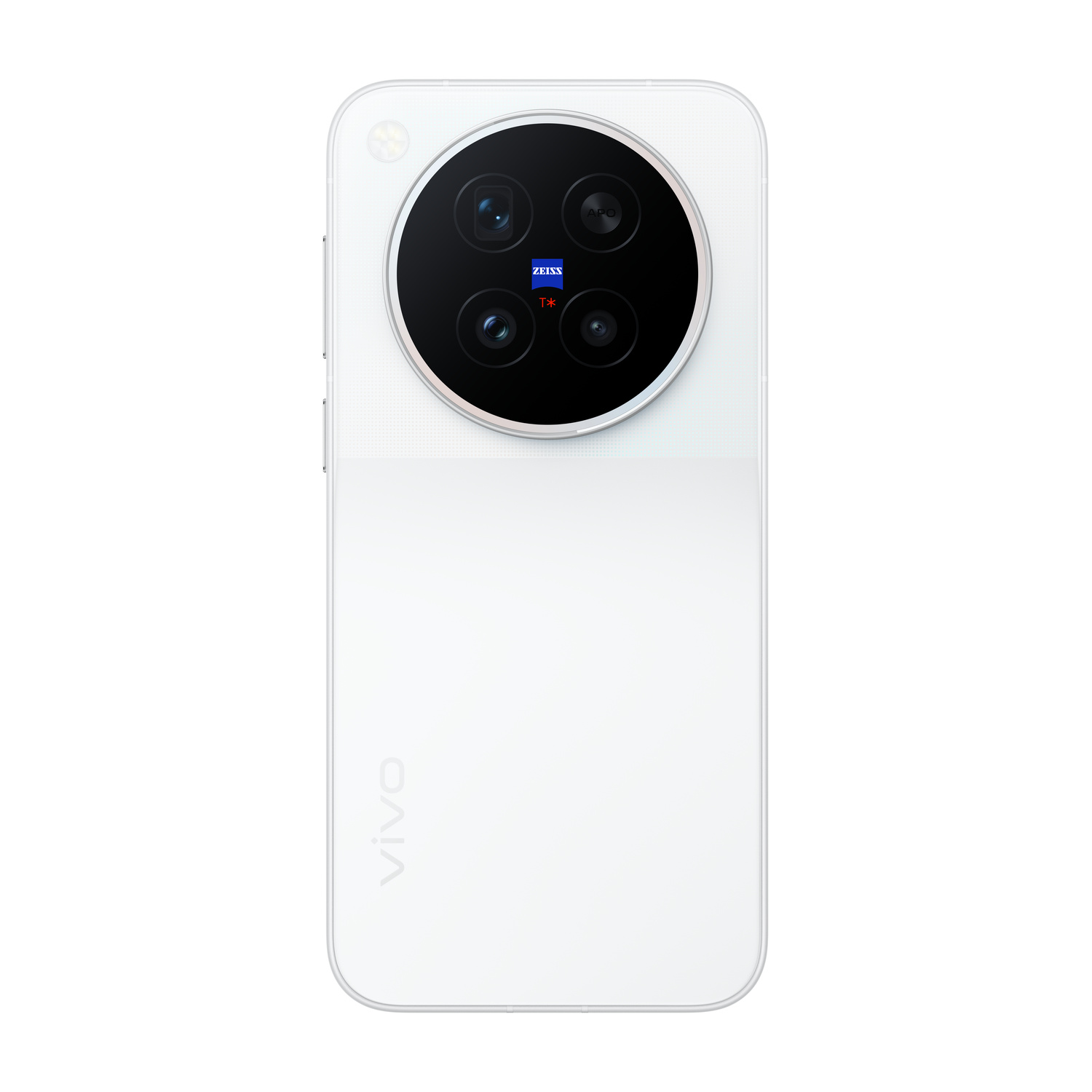 Il retro di uno smartphone vivo bianco con un grande modulo fotocamera circolare e logo Zeiss.