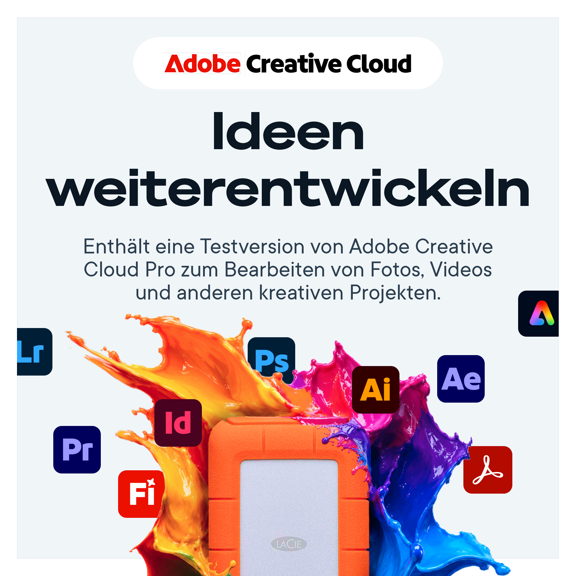 Adobe Creative Cloud Werbung mit bunten Farbspritzern und App-Logos um eine orange Festplatte.