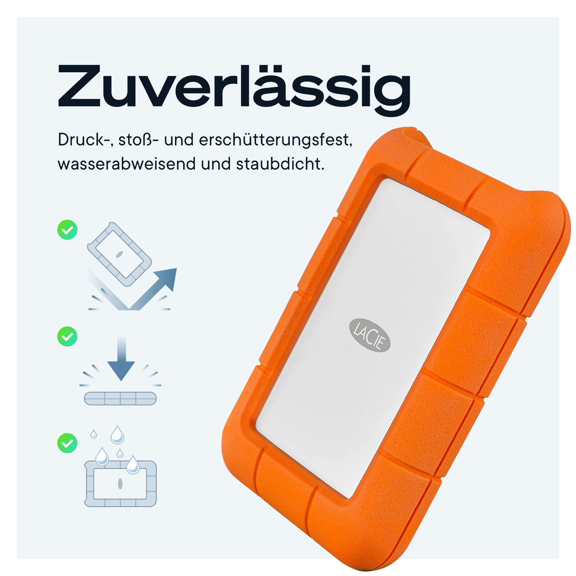 Lacie-Festplatte mit orangefarbenem Schutzbumper und Symbolen für Sturz-, Druck- und Wasserschutz.