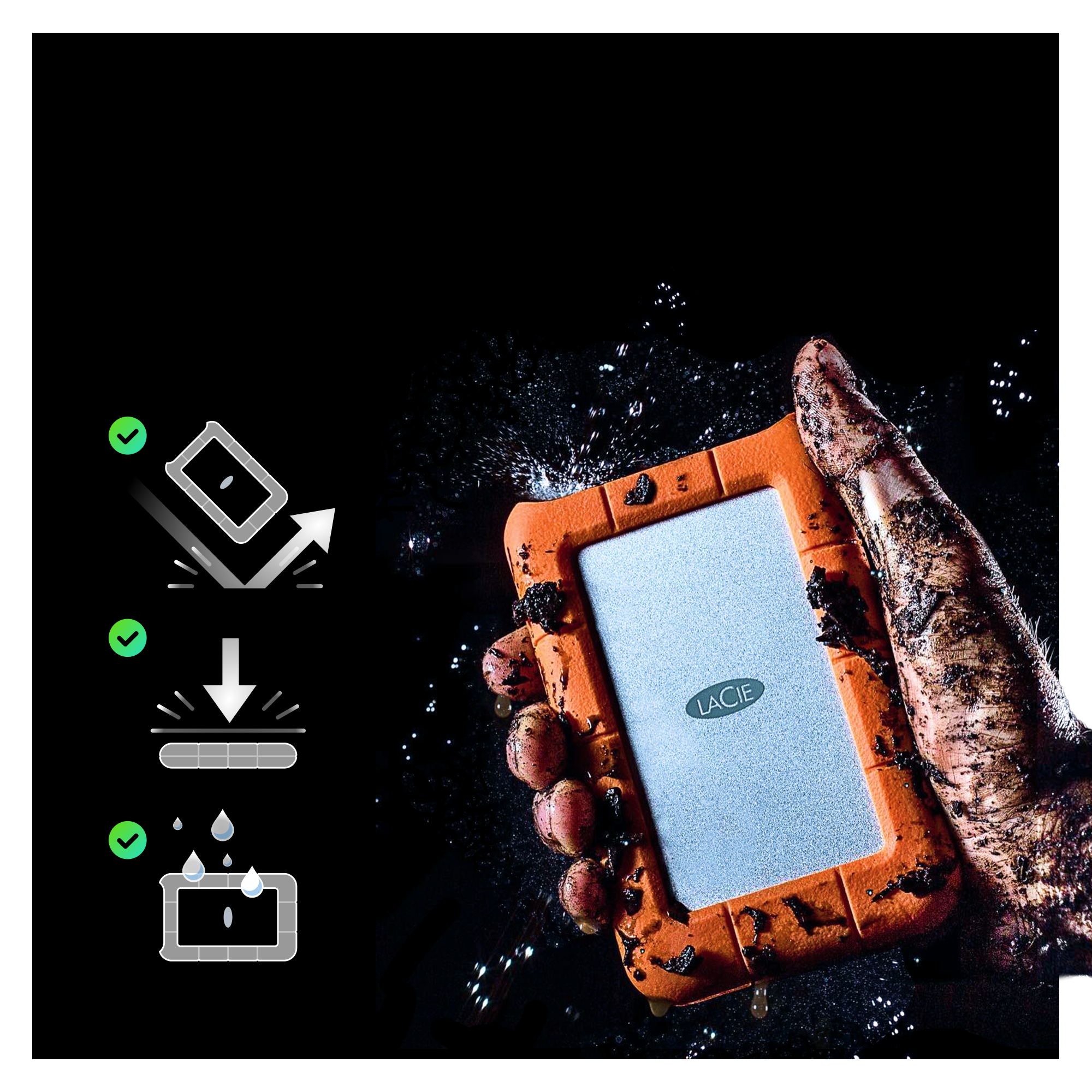 Eine schlammige Hand hält eine robuste orange-graue LaCie-Festplatte, links Symbole für Sturz- und Wasserschutz.