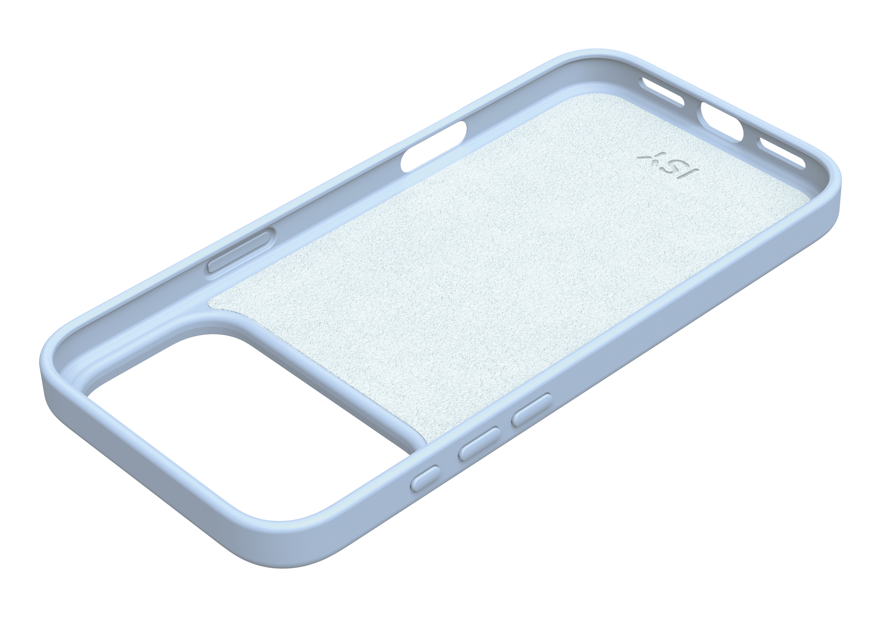 Eine hellblaue Smartphone-Hülle mit weichem Mikrofasereinsatz auf schwarzem Hintergrund aus schräger Sicht.