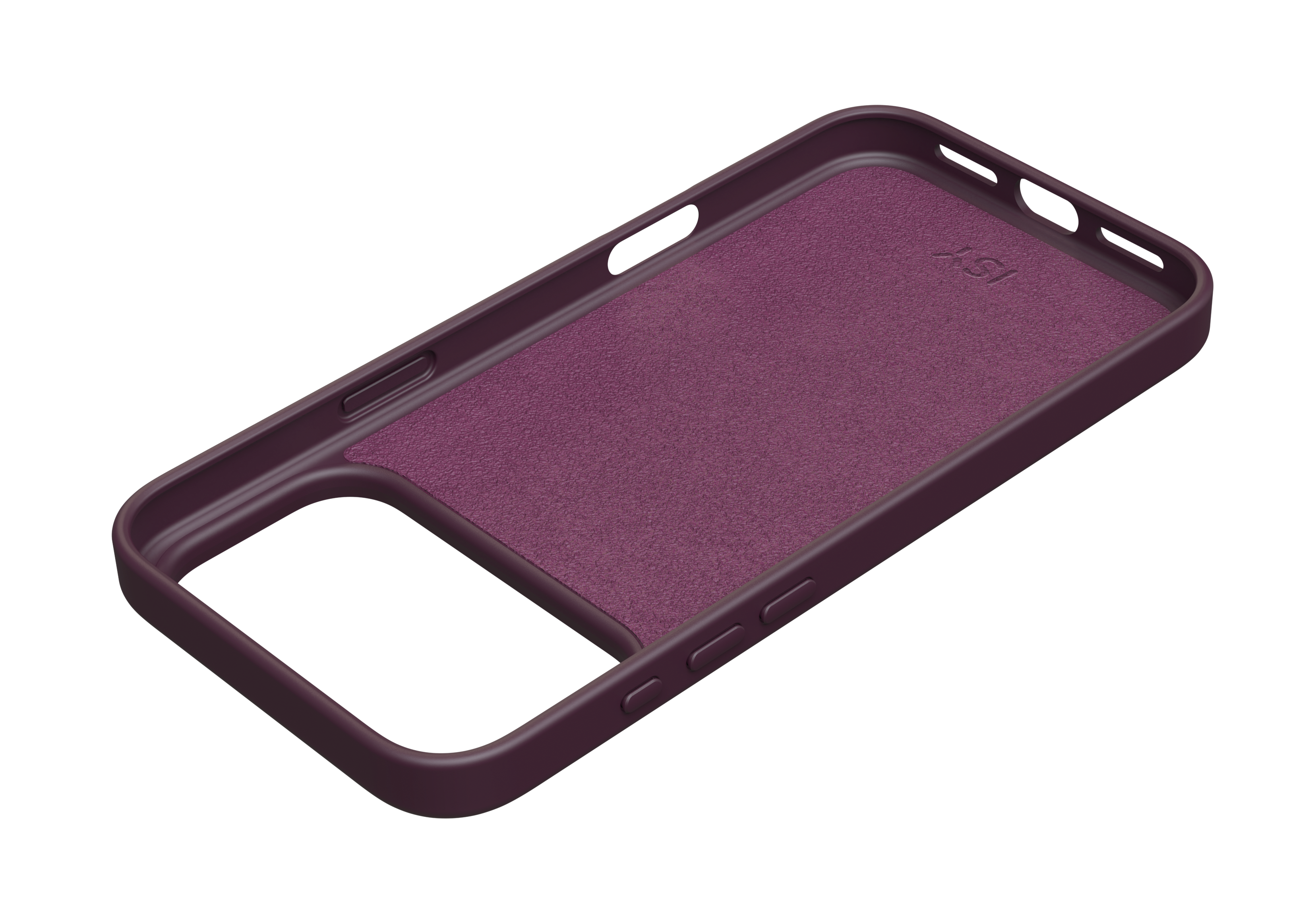 Eine dunkelrote Smartphone-Hülle mit weichem Innenfutter vor schwarzem Hintergrund.