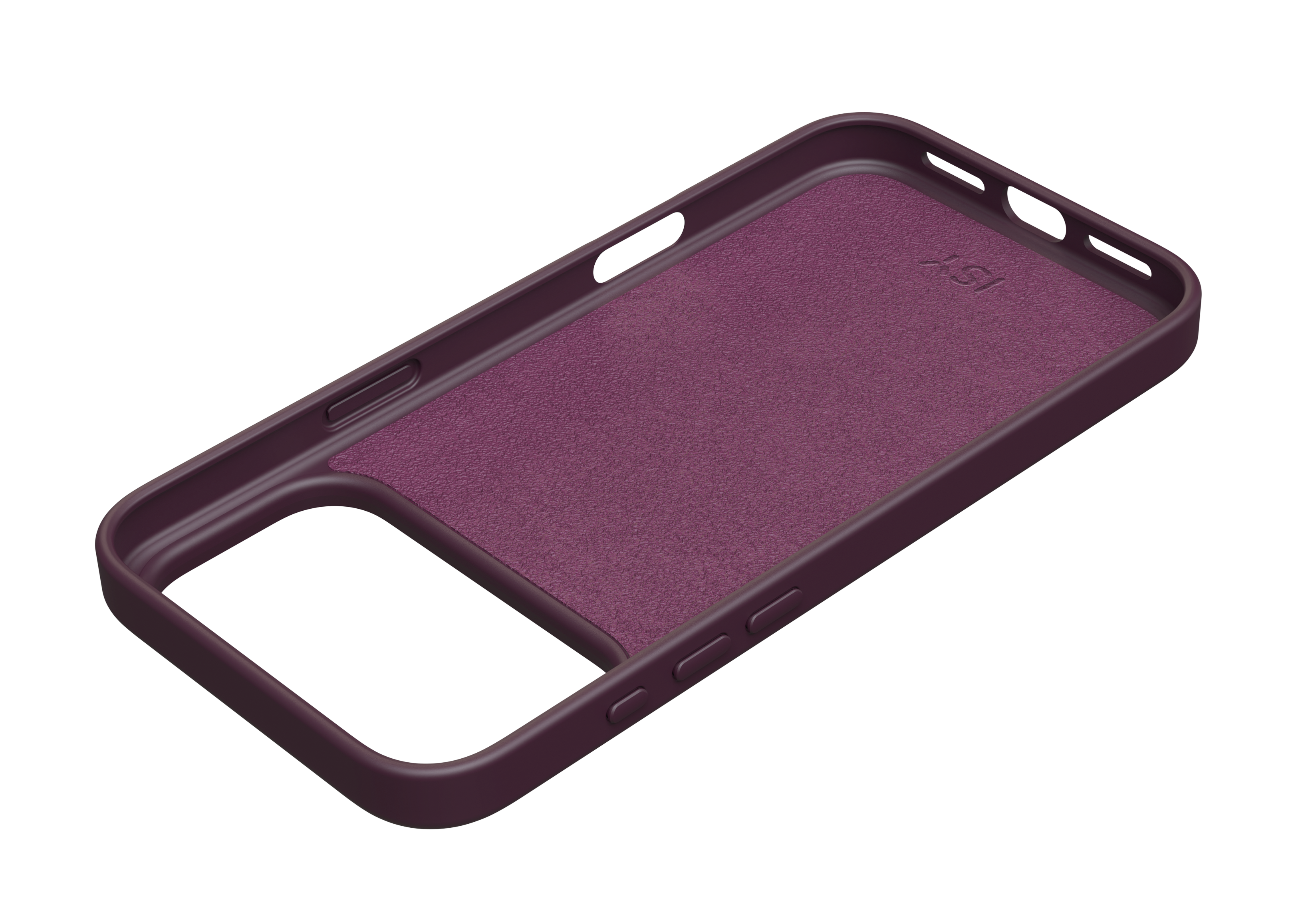 Eine dunkelviolette Handytasche mit rosa Innenfutter auf schwarzem Hintergrund.