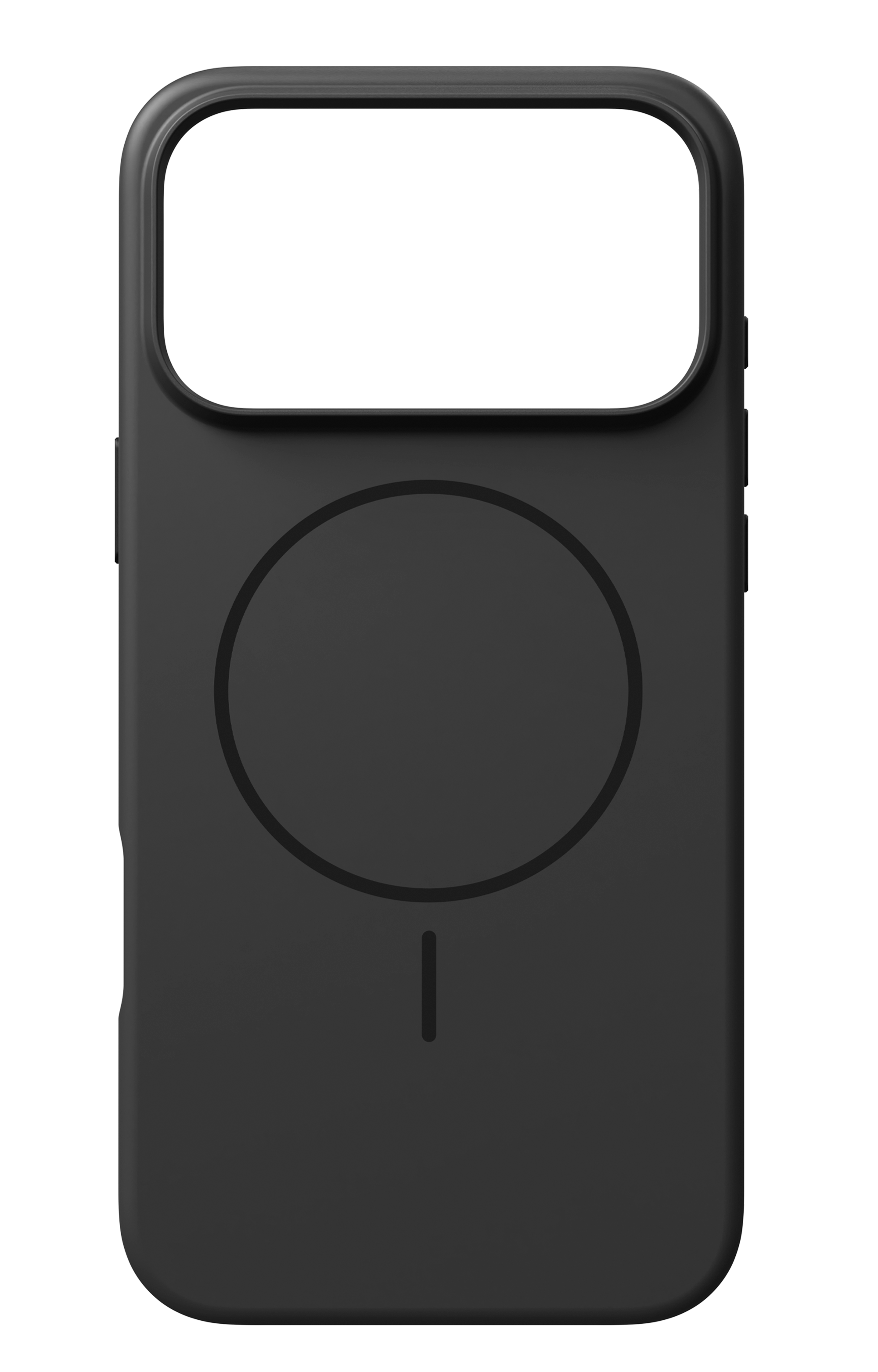 Eine mattschwarze Smartphone-Hülle mit einem runden MagSafe-Ring und vertikalem Strich auf der Rückseite vor schwarzem Hintergrund.