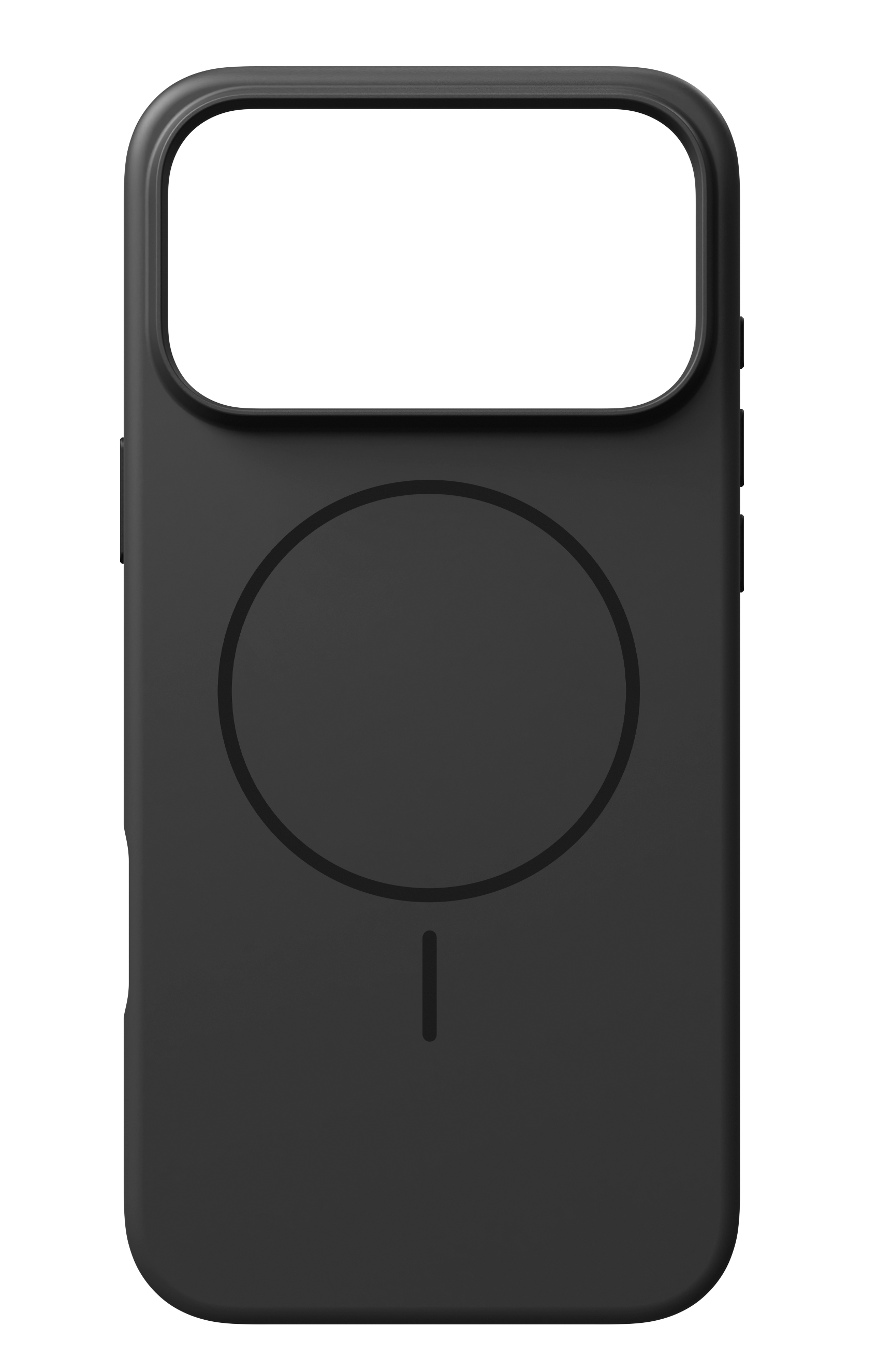 Schwarze Smartphone-Hülle mit kreisförmigem MagSafe-Symbol und Kameraausschnitt vor dunklem Hintergrund.