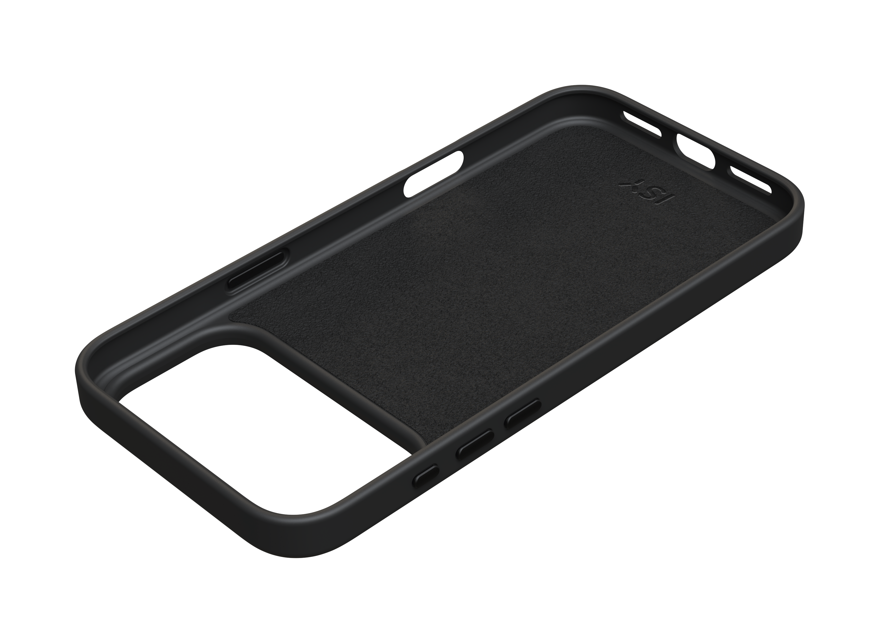 Schwarze Smartphone-Hülle mit weicher Innenseite und Markierung auf schwarzem Hintergrund.
