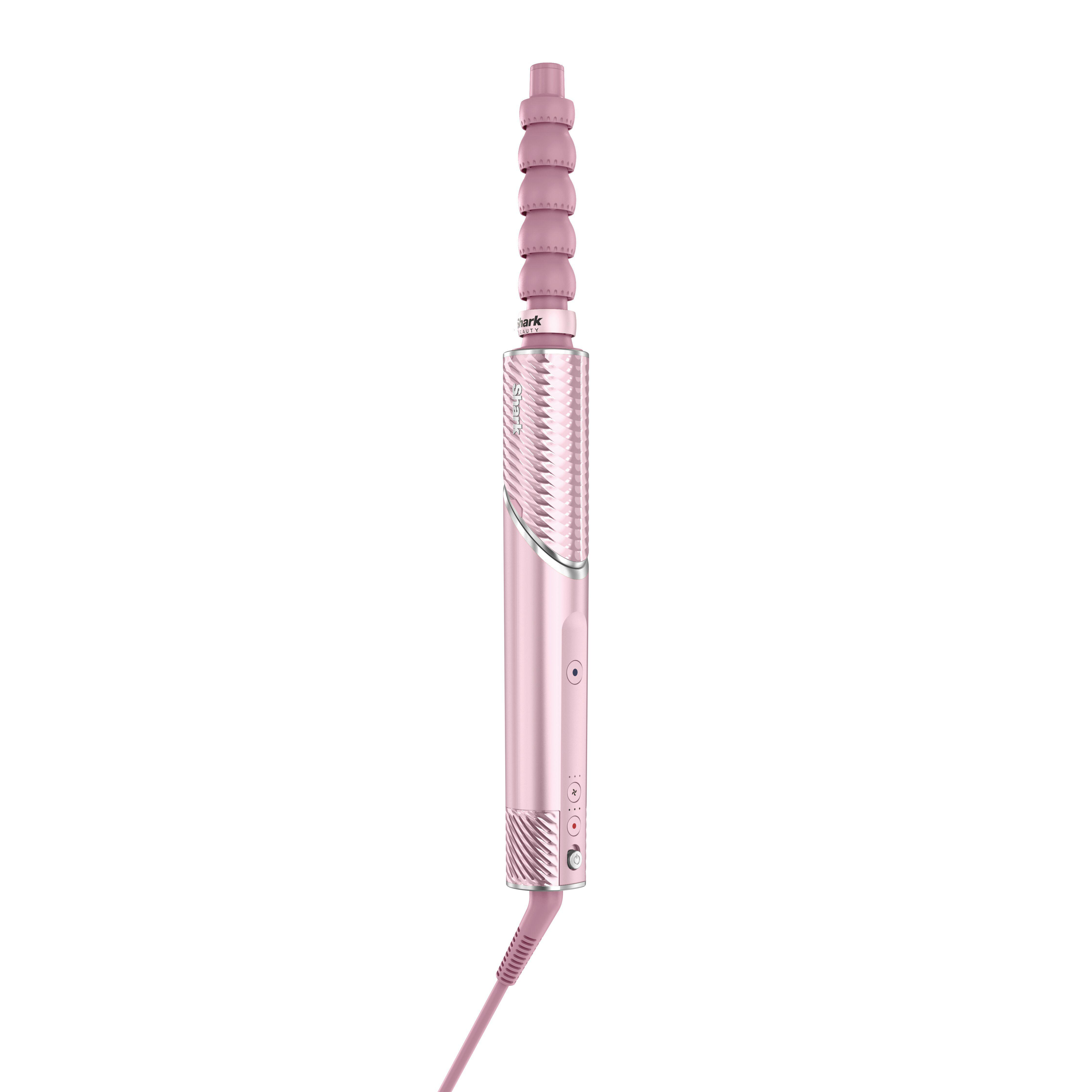 Ein rosafarbener Haartrockner und Styler mit Riffeln und integriertem Kabel auf weißem Hintergrund.