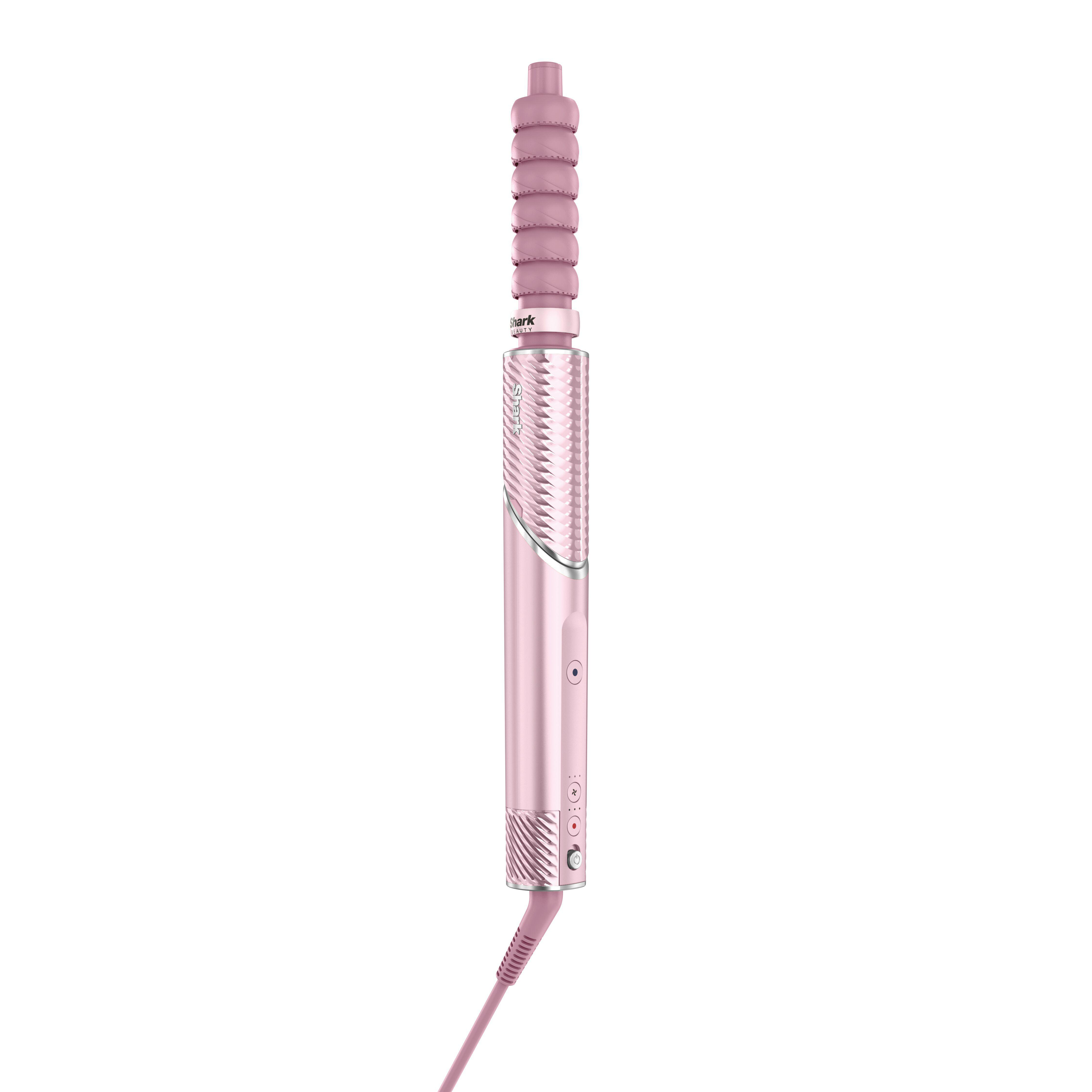 Ein pinkfarbener Shark-Lockenstab mit geripptem Aufsatz und Kabel vor weißem Hintergrund.