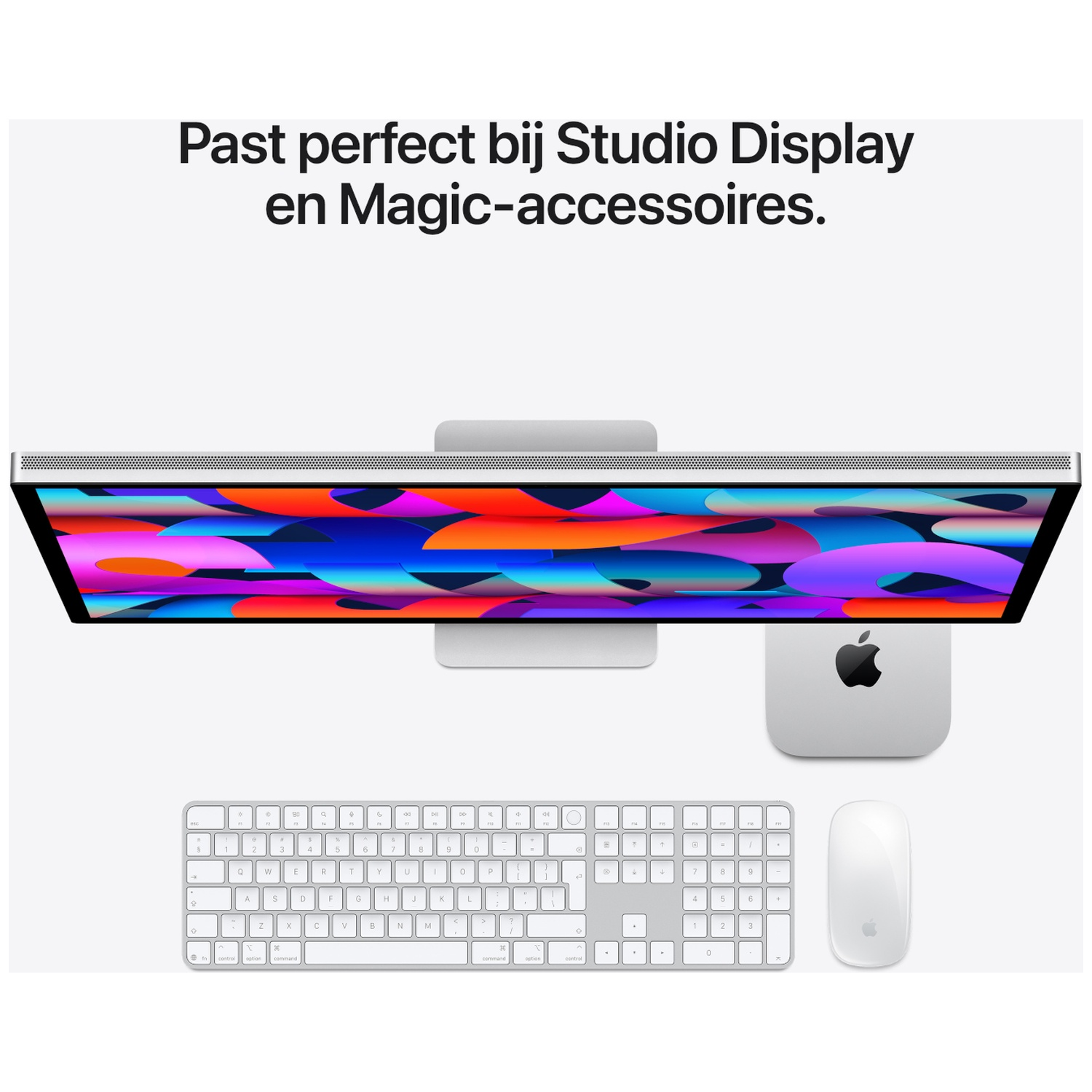 Top view of Apple Studio Display, Mac mini, Magic Keyboard, and Magic Mouse on a white background.