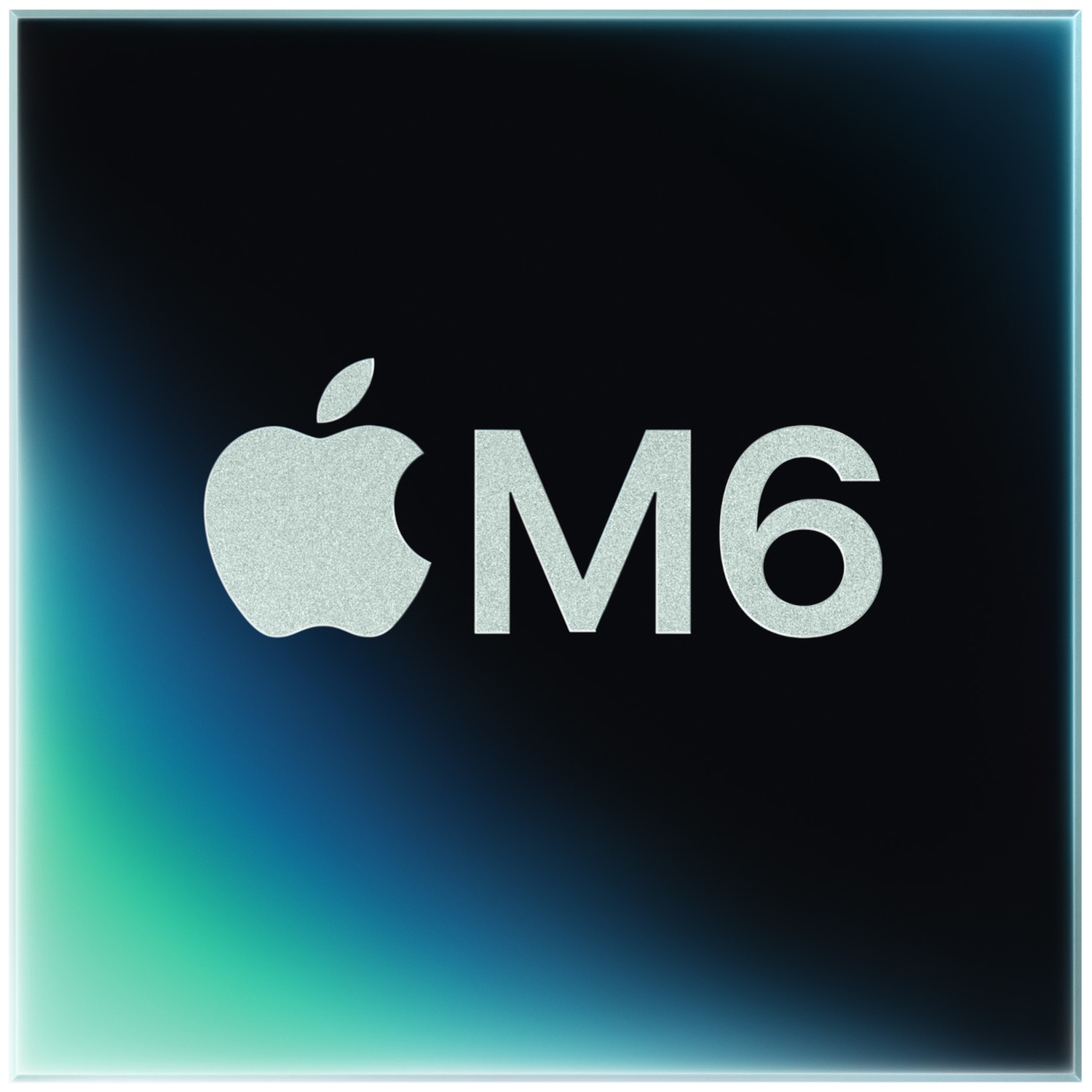 The Apple logo with the text M6 in silver on a dark blue and green background.