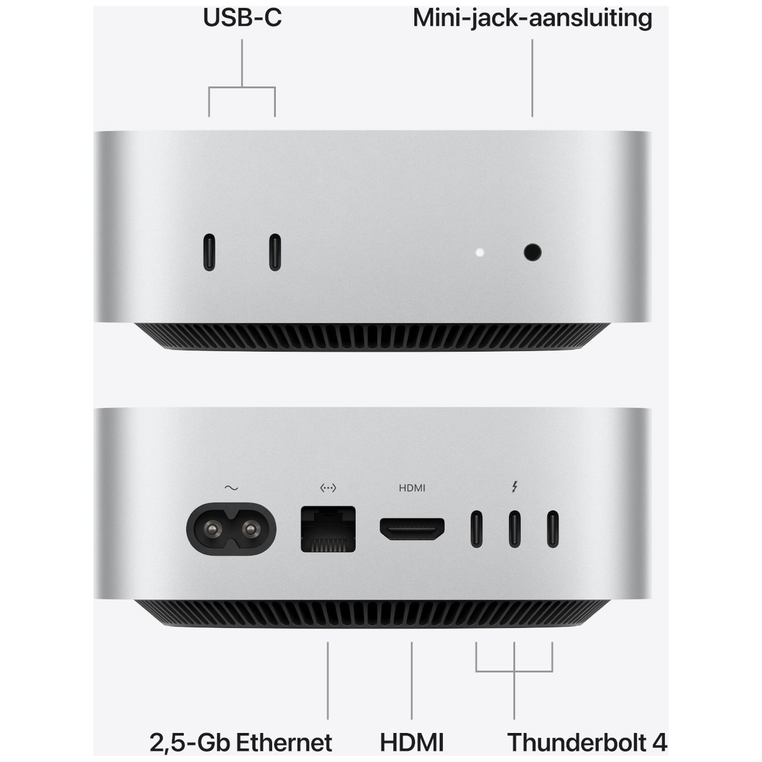 Front and back view of a silver computer tower showing various ports like USB-C and HDMI.