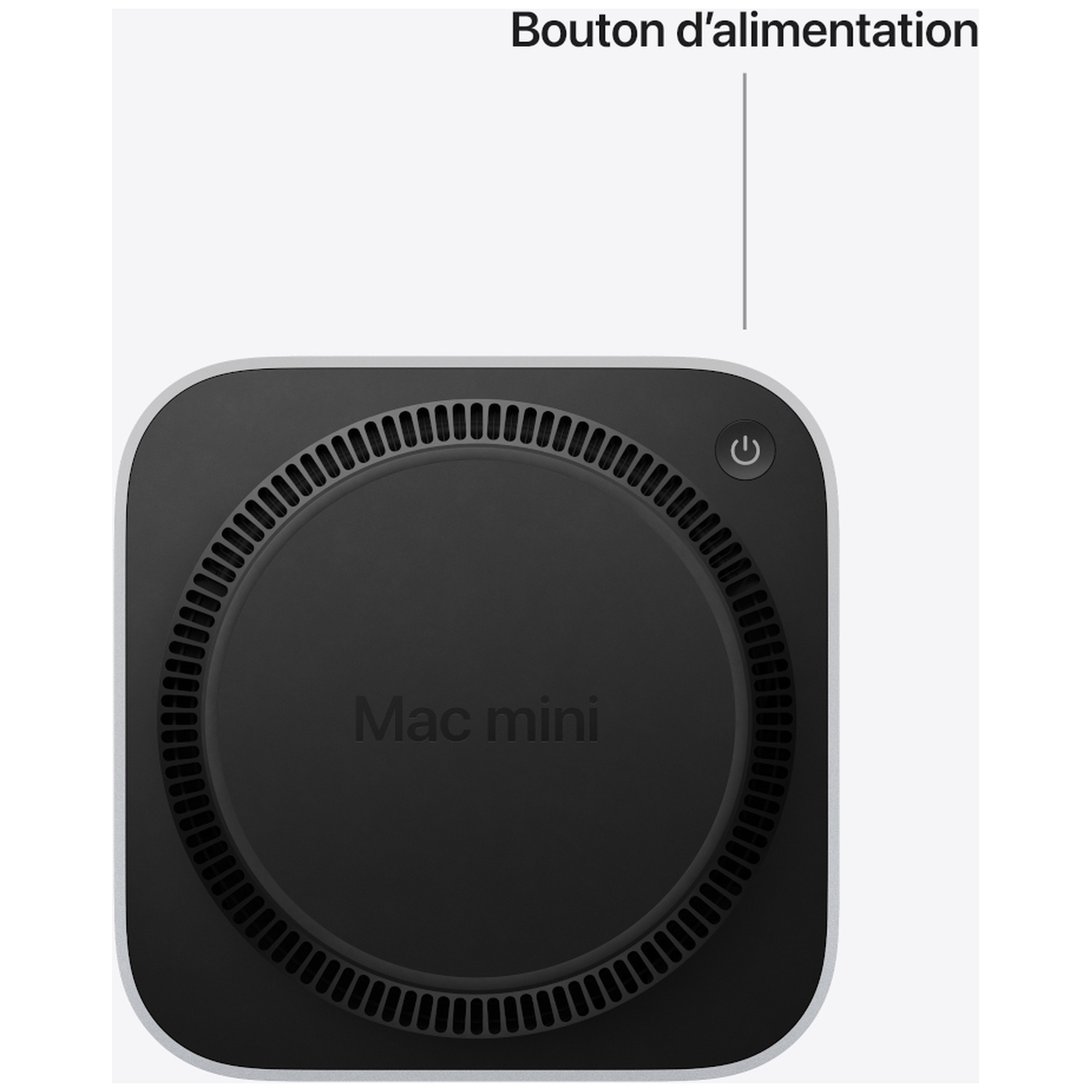 Dessous du Mac mini montrant le bouton d'alimentation et les fentes d'aération.