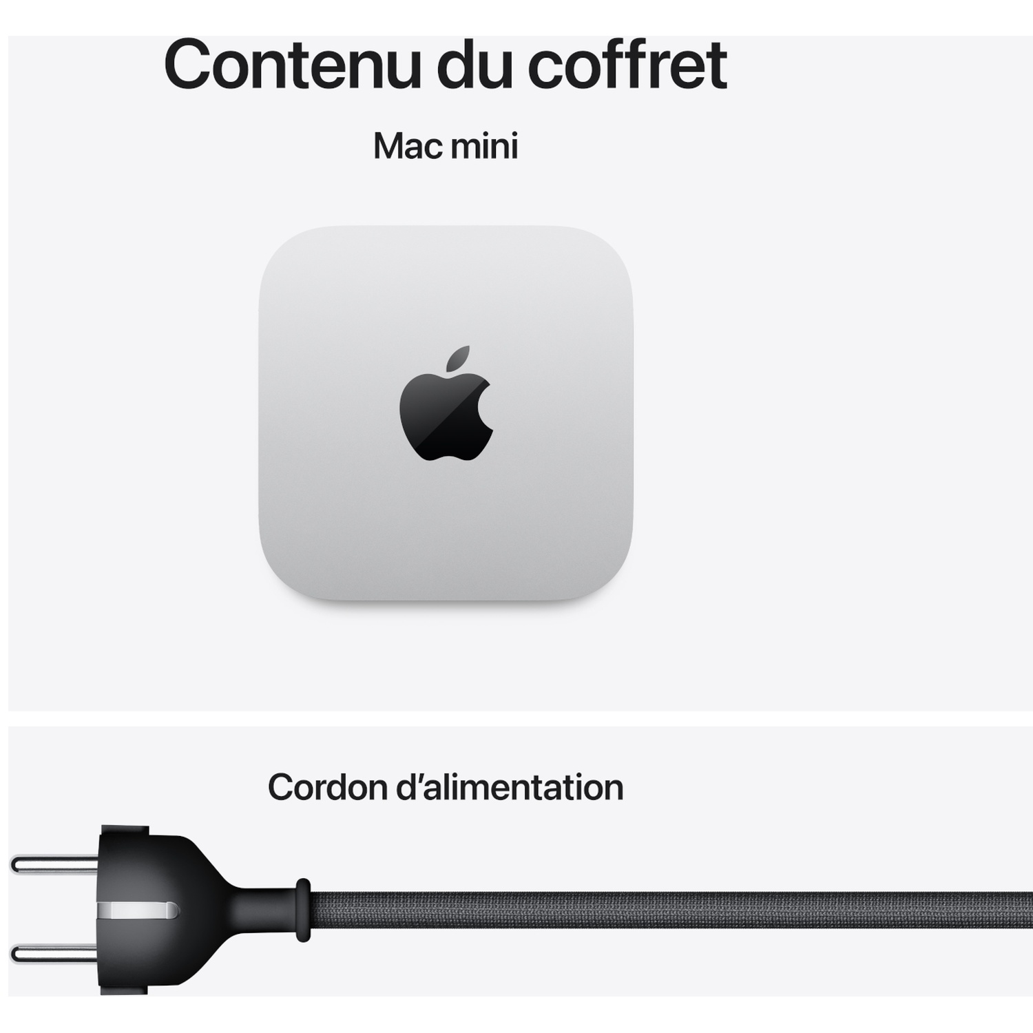 Contenu de la boîte du Mac mini avec un Mac mini argenté et un cordon d'alimentation noir.