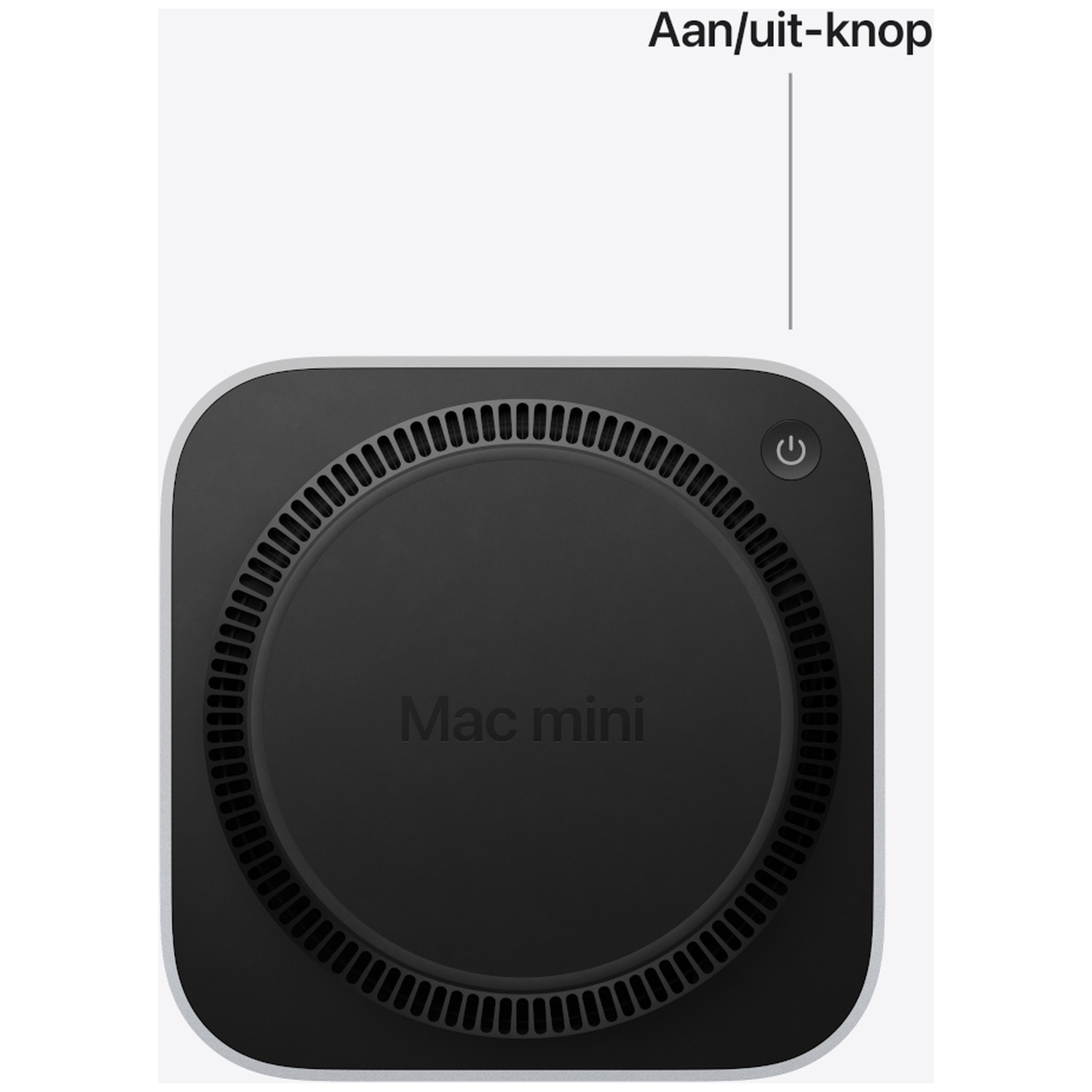Bottom view of the Mac mini with circular ventilation slots and power button.
