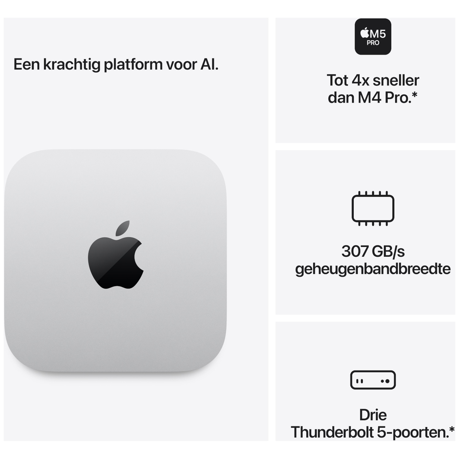 Apple Mac mini with M5 Pro, AI platform, 307 GB/s memory bandwidth, and three Thunderbolt 5 ports.