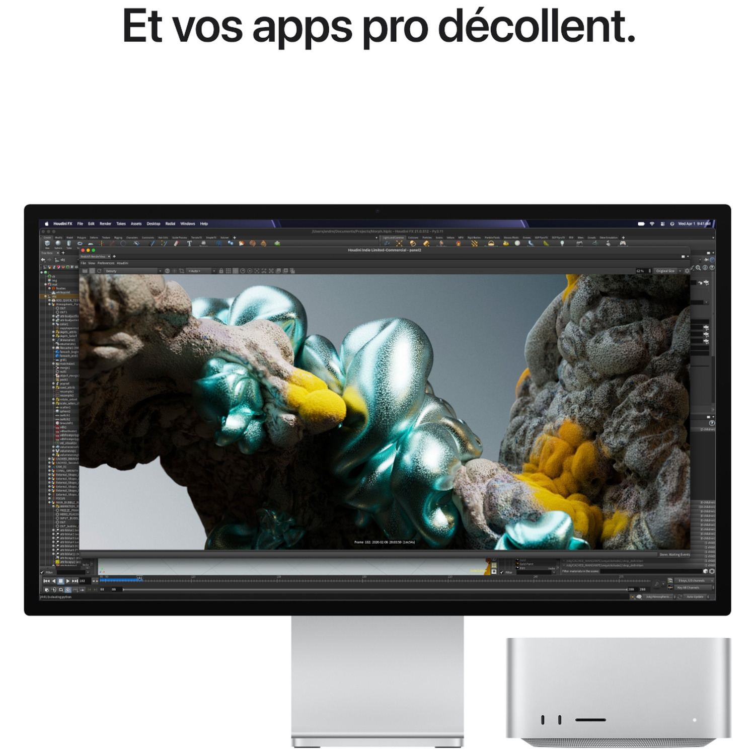 Un moniteur Mac affiche un logiciel 3D avec des formes organiques brillantes, à côté d'un Mac Studio.
