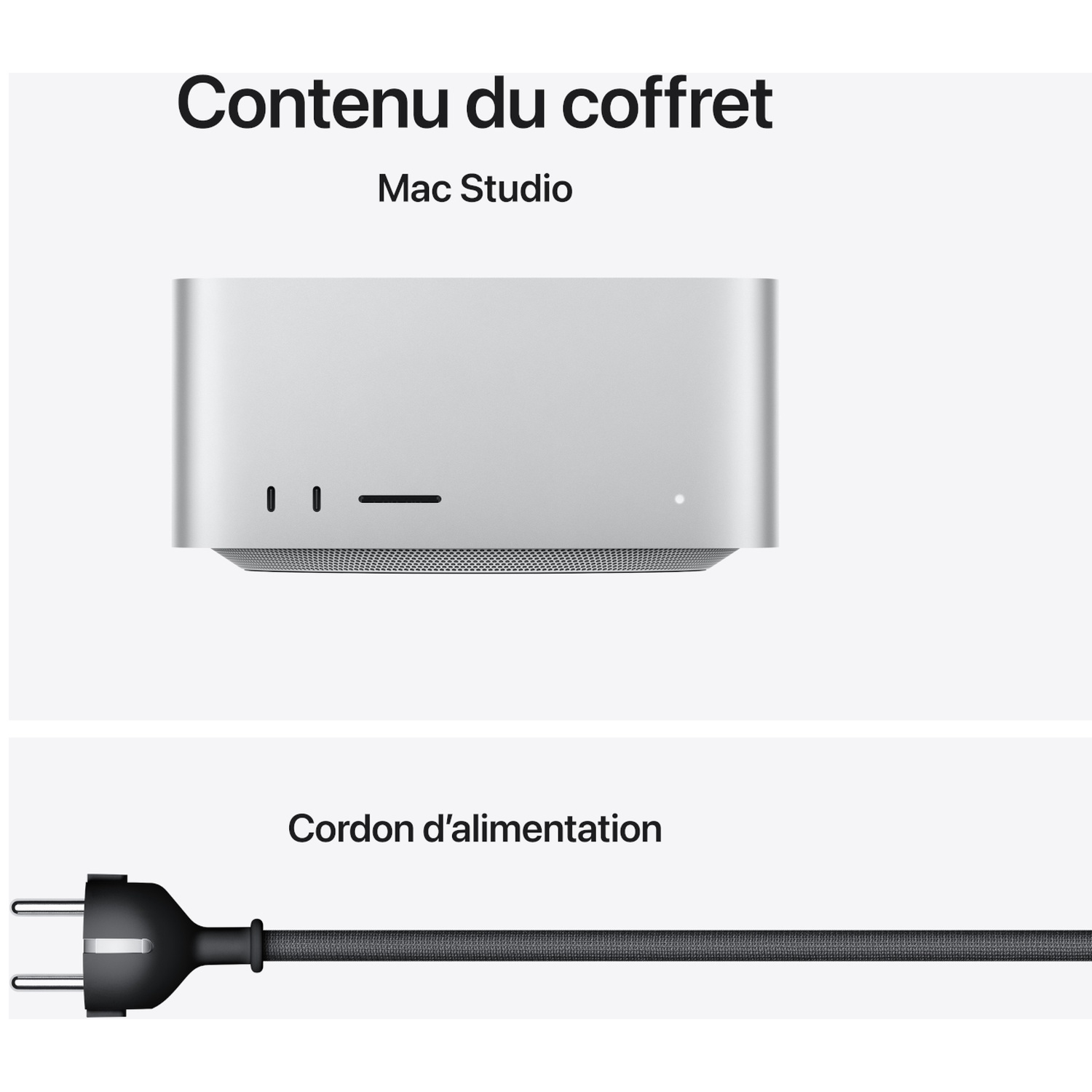 Mac Studio et un câble d'alimentation noir avec prise.