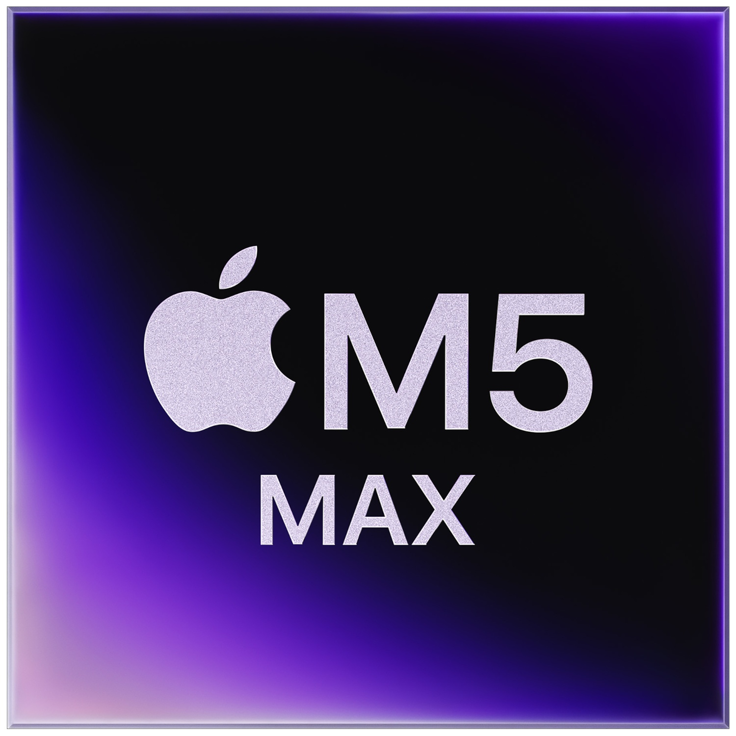 The Apple M5 Max logo in white on a dark purple, glossy background.