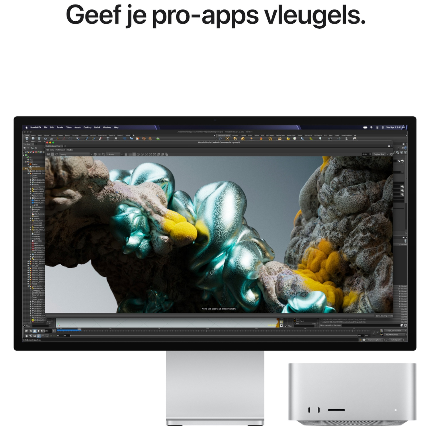 A Mac display and Mac Studio show 3D software rendering glossy organic shapes.