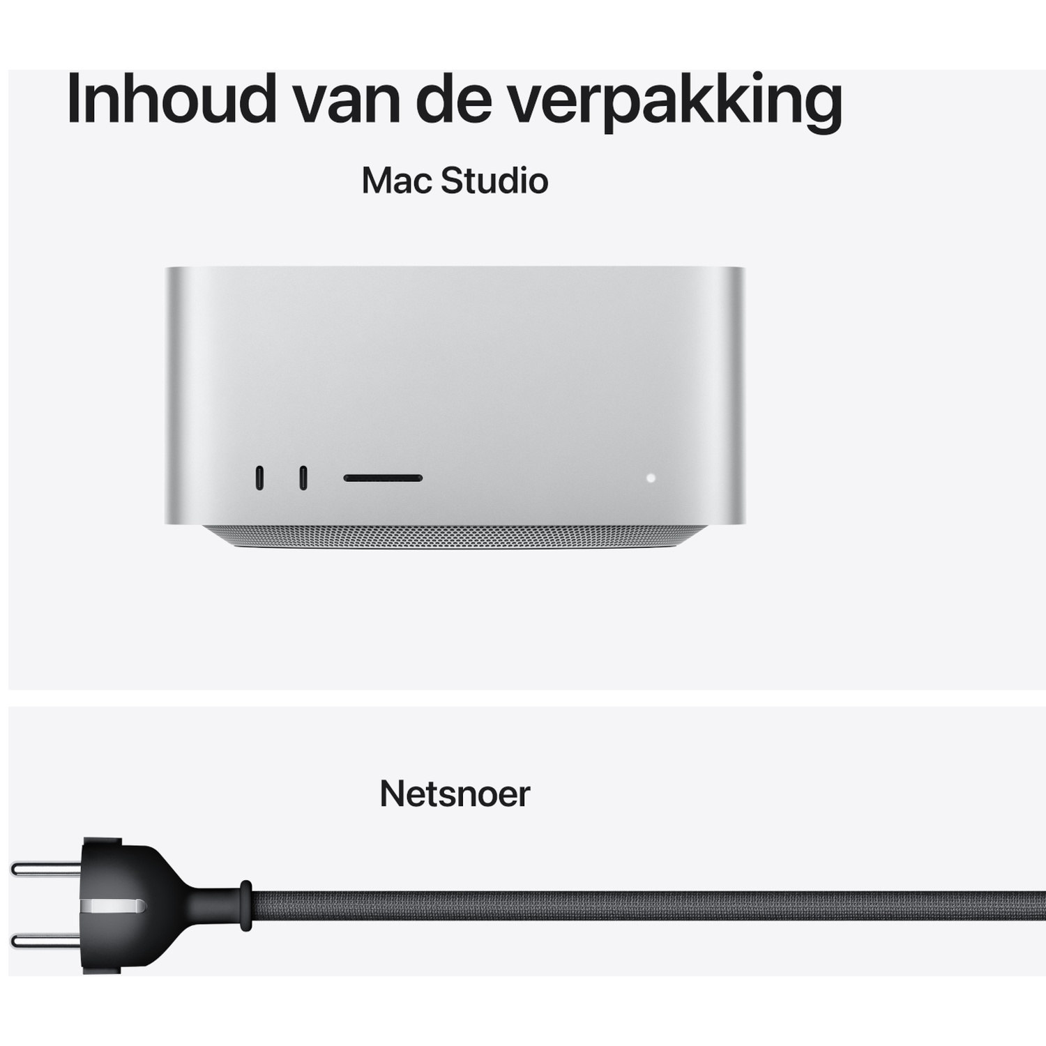 Mac Studio and power cord shown on a white background with text 'Inhoud van de verpakking'.