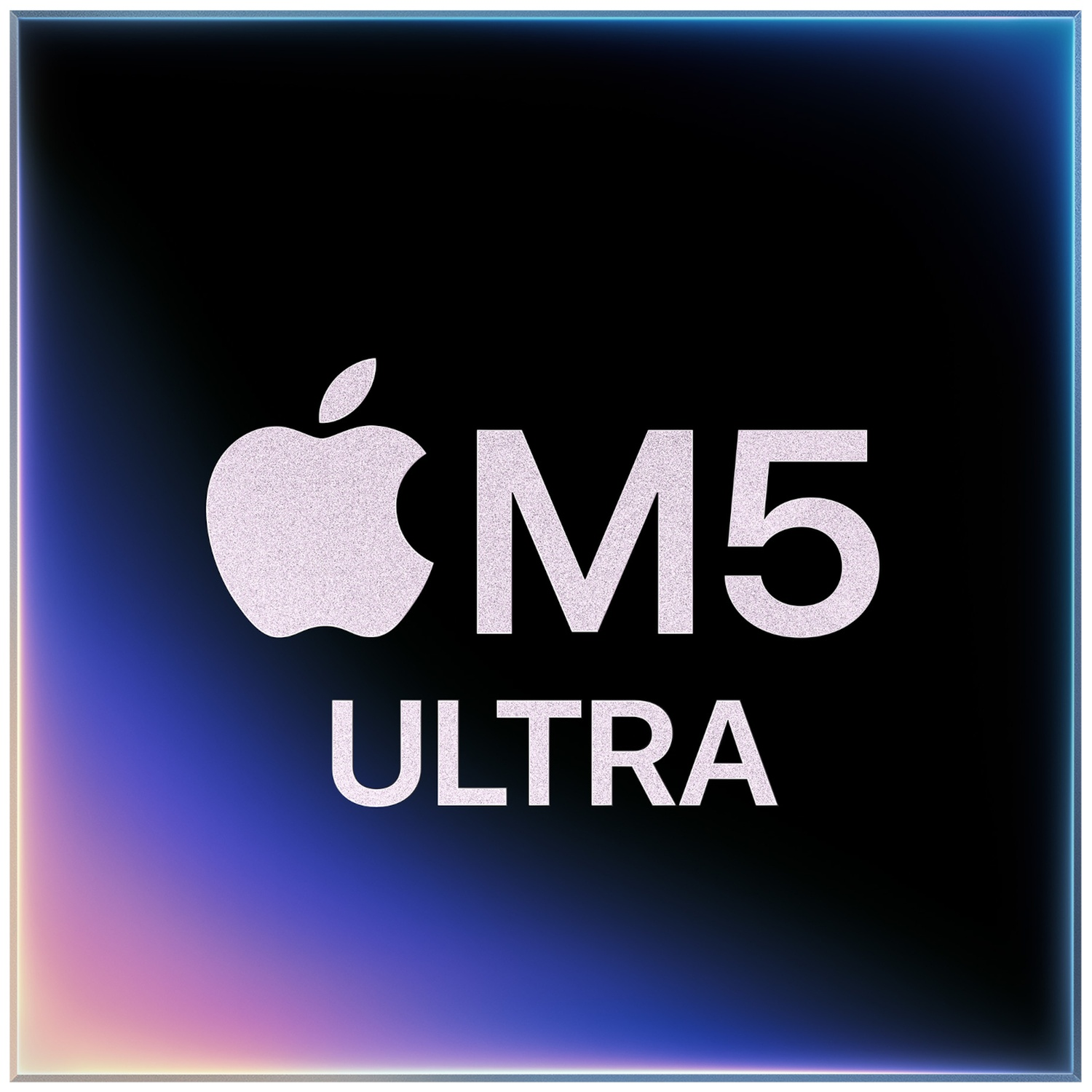 The Apple logo and text M5 ULTRA in white on a black background with a colorful border.