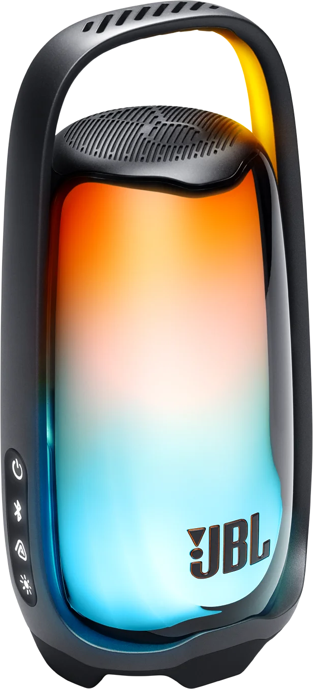 Fekete JBL Bluetooth hangszóró fogantyúval és izzó kék-narancs színátmenetes fénnyel.
